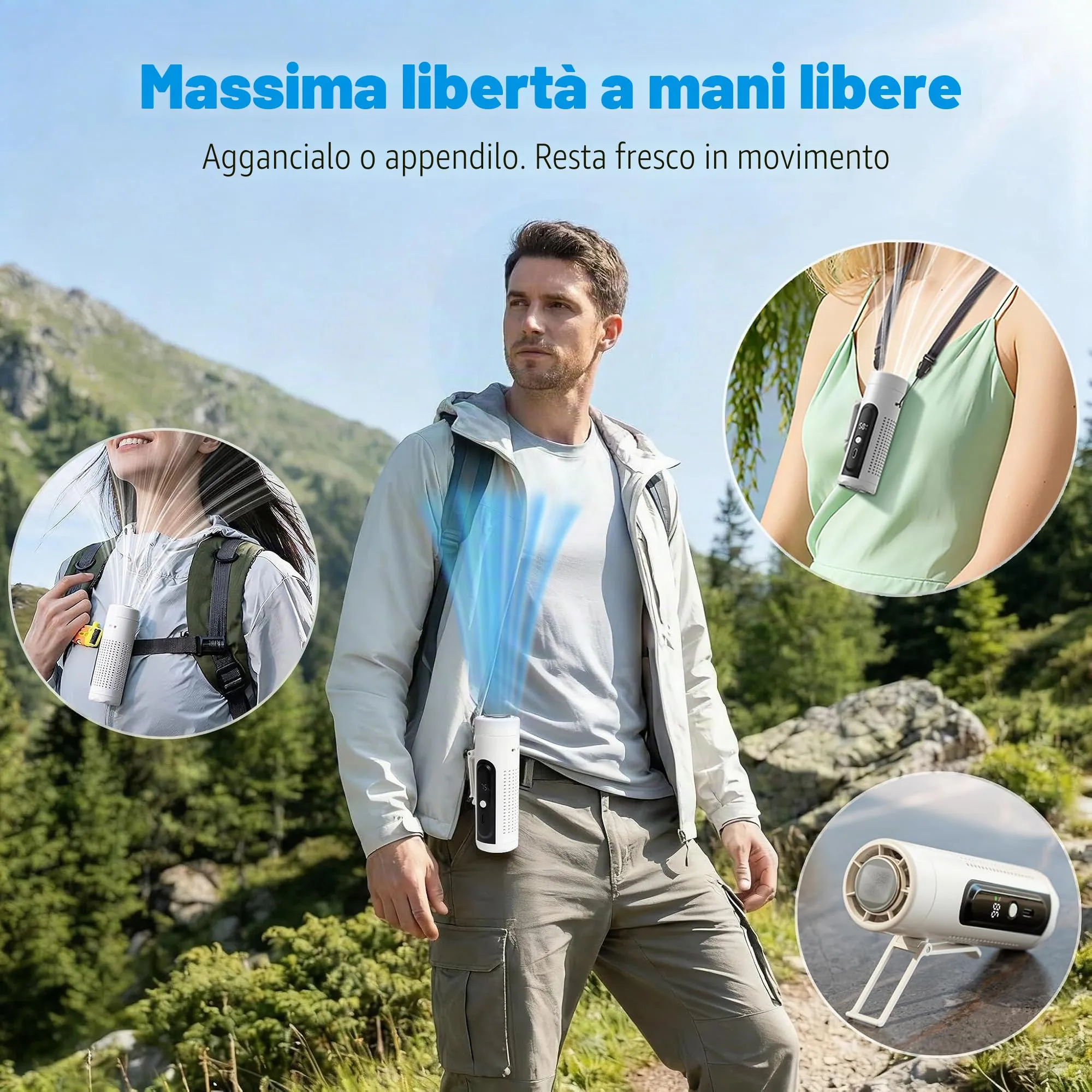 LUCYLANKER Mini Ventilatore Portatile 3 in 1 con Piastra Raffreddante, 5 Velocità, Display LED, USB-C, Clip e Torcia, Bianco - immagine 4