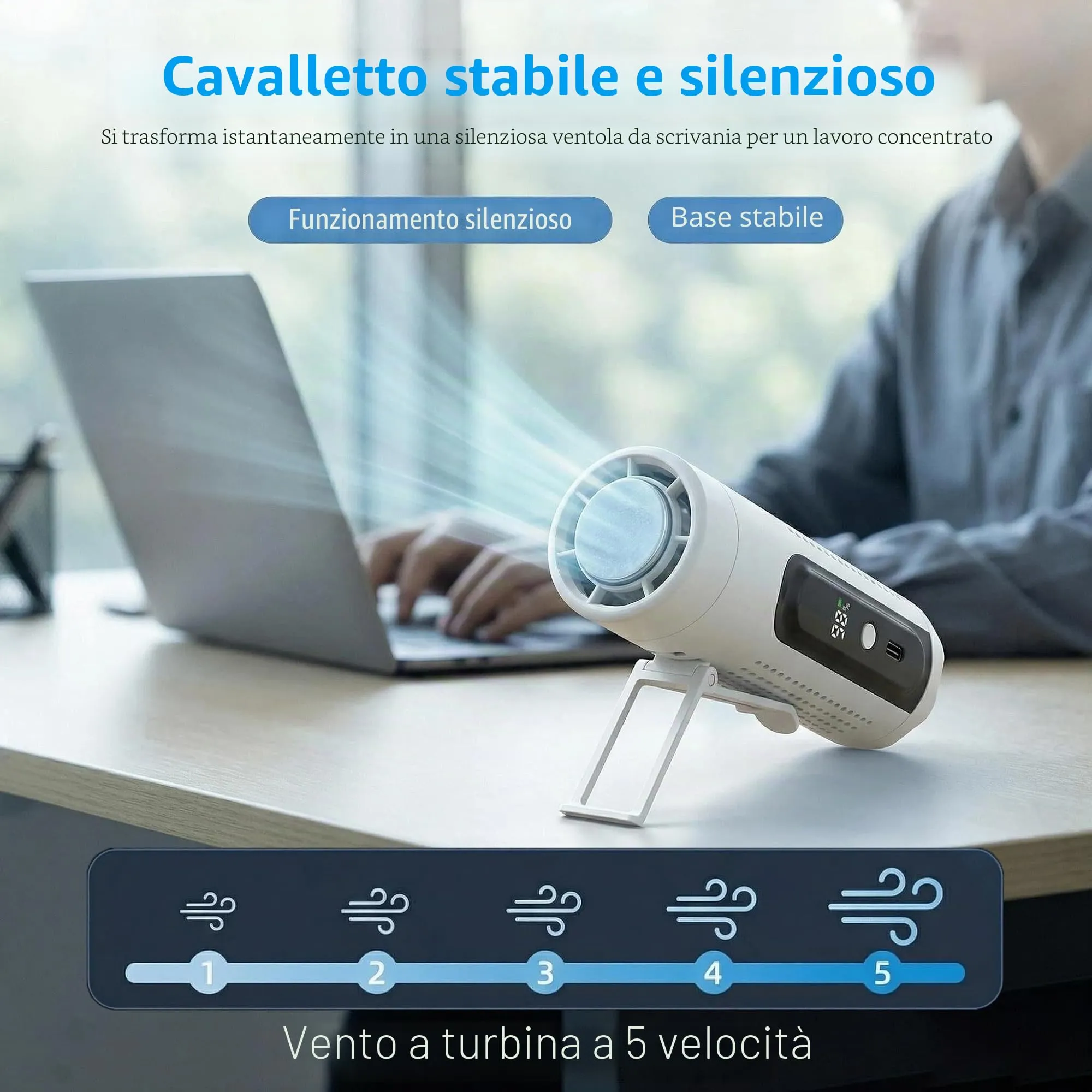 LUCYLANKER Mini Ventilatore Portatile 3 in 1 con Piastra Raffreddante, 5 Velocità, Display LED, USB-C, Clip e Torcia, Bianco - immagine 5