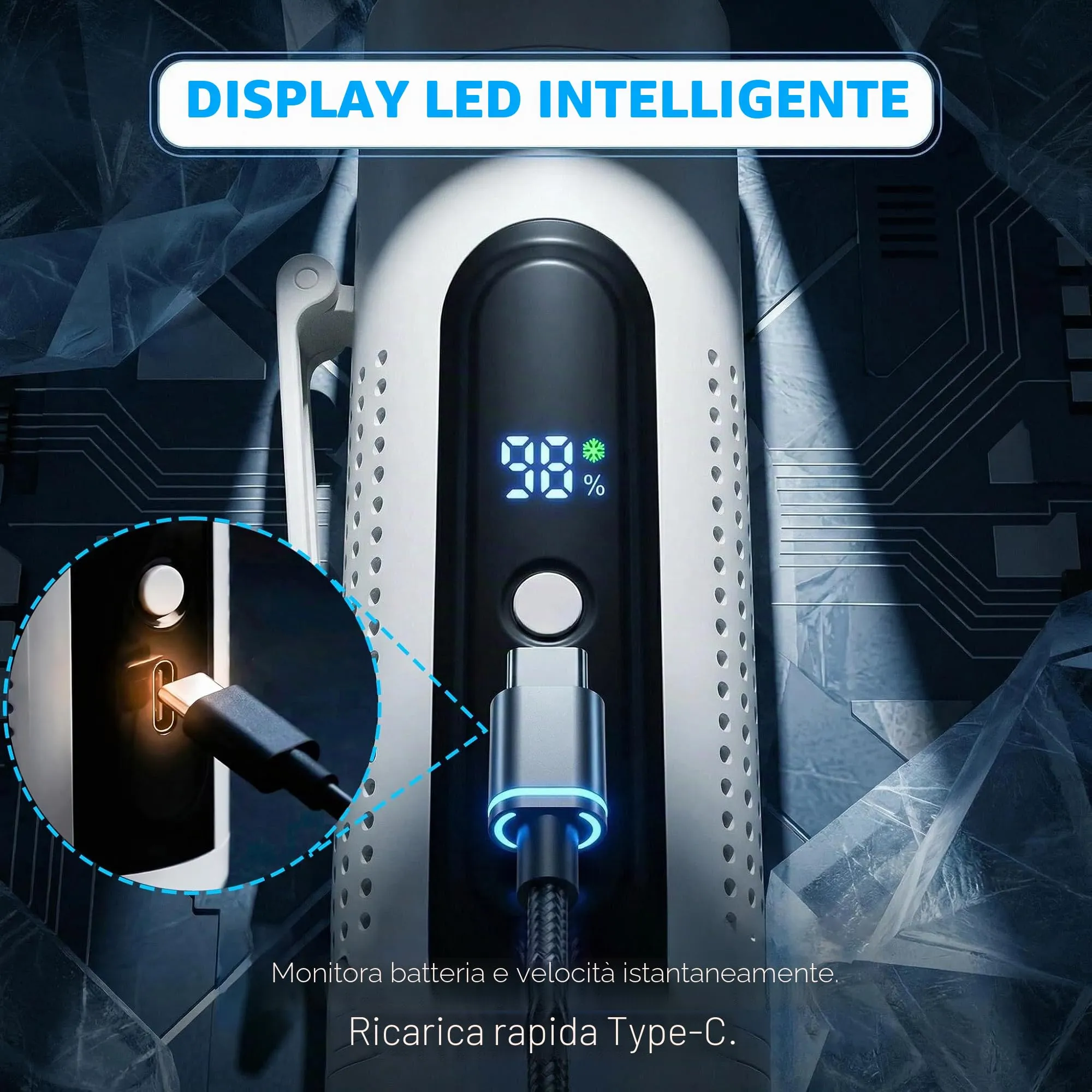 LUCYLANKER Mini Ventilatore Portatile 3 in 1 con Piastra Raffreddante, 5 Velocità, Display LED, USB-C, Clip e Torcia, Bianco - immagine 7