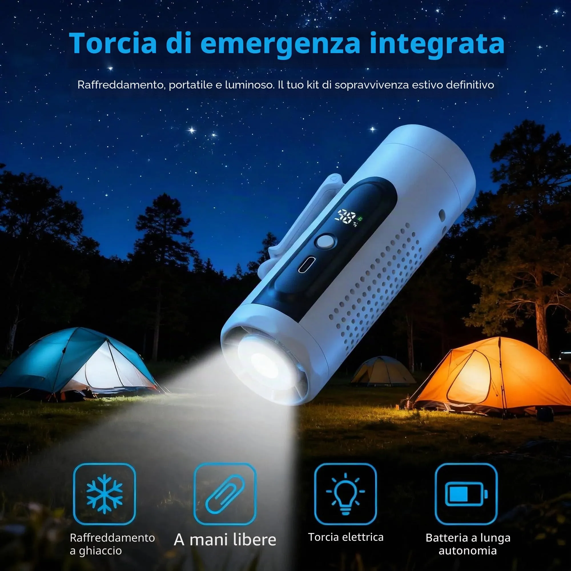 LUCYLANKER Mini Ventilatore Portatile 3 in 1 con Piastra Raffreddante, 5 Velocità, Display LED, USB-C, Clip e Torcia, Bianco - immagine 8
