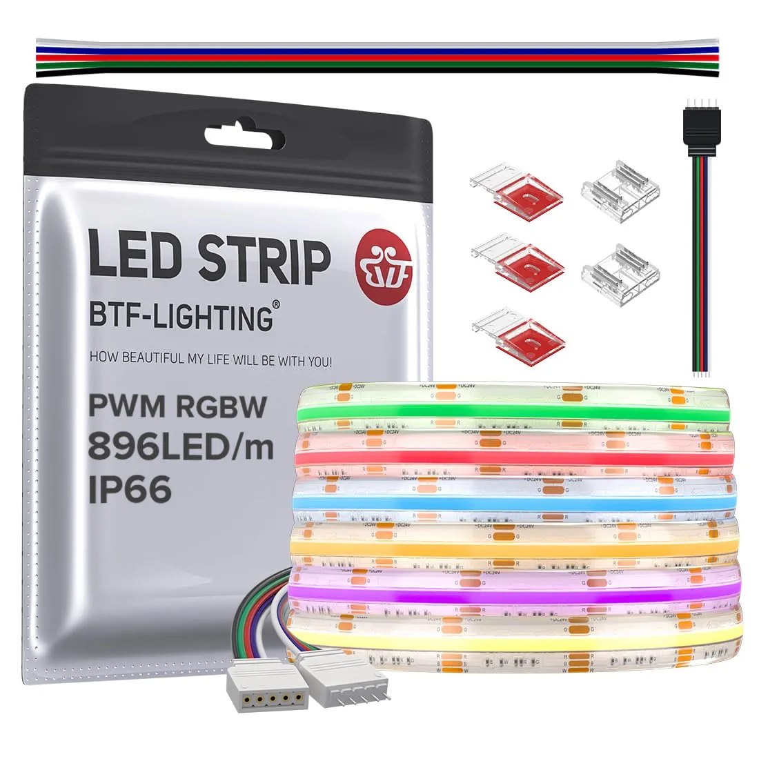 BTF-LIGHTING FCOB RGBW LED Strip 3000K Warm White 5m IP66 DC24V - immagine 1