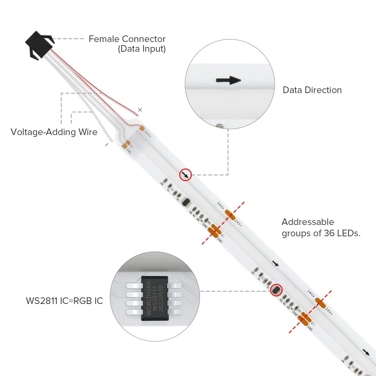 BTF-LIGHTING Striscia LED FCOB RGBIC WS2811 10M (2x5M) 720LEDs/m PCB Bianco - immagine 3