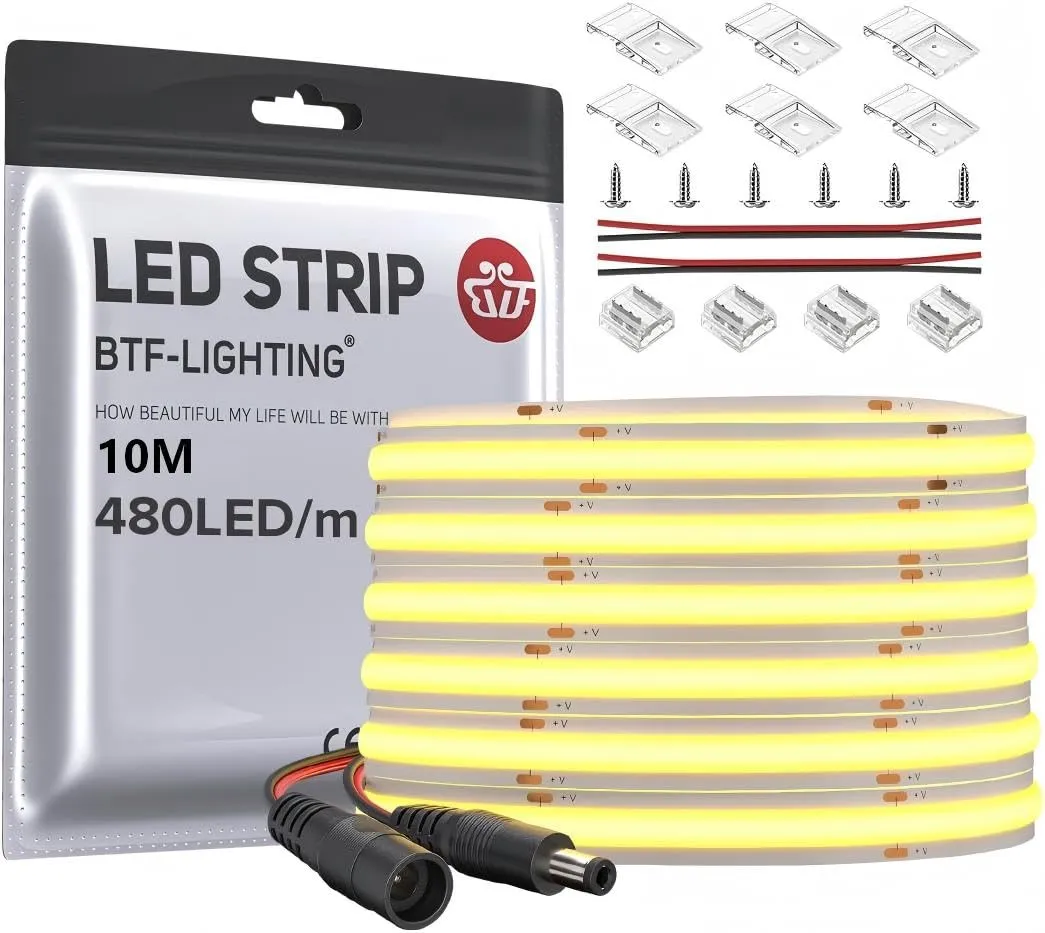 BTF-LIGHTING FCOB LED Strip 24V Warm White 3000K 10M 480LED/m 8mm - immagine 1