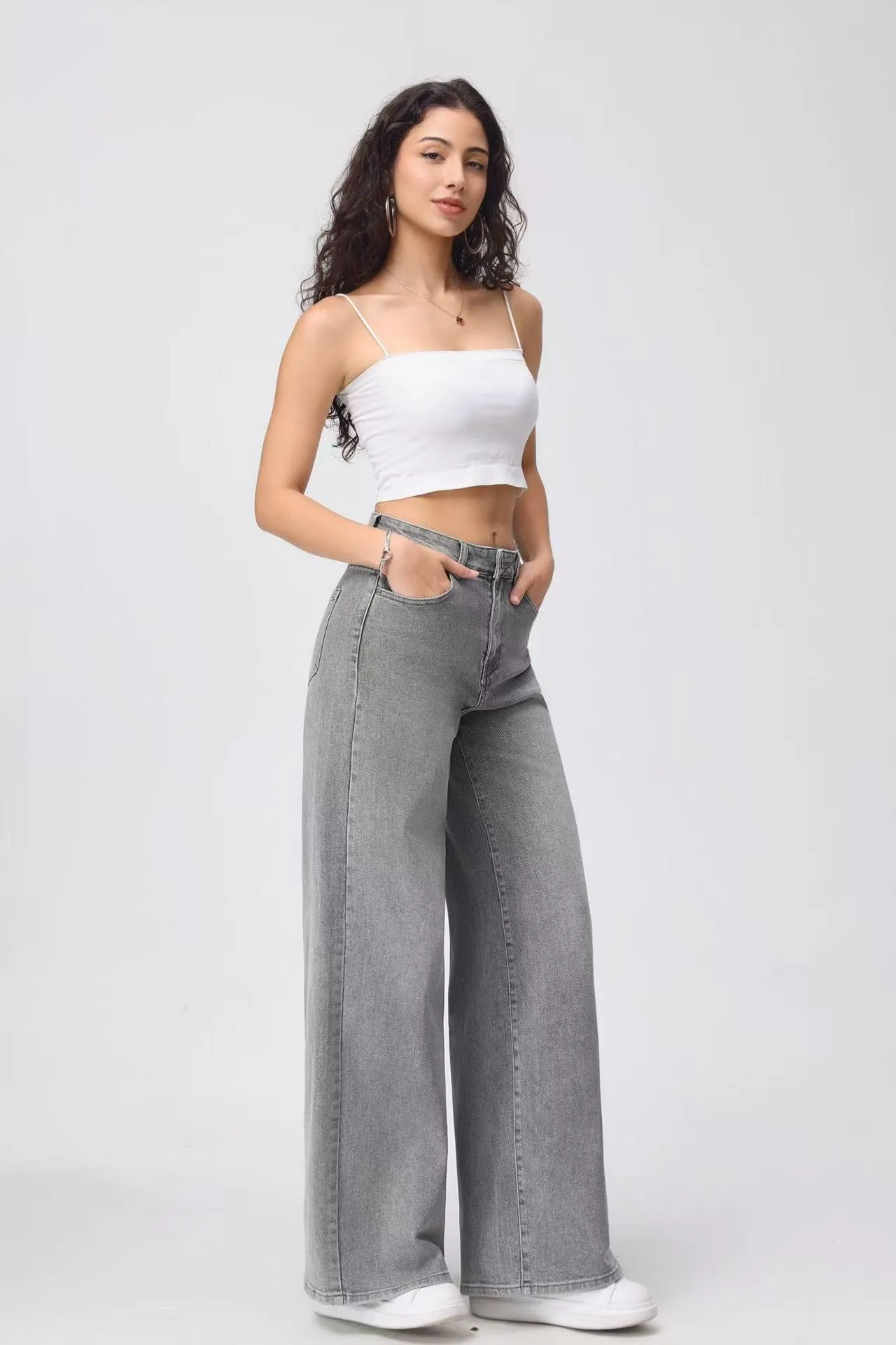 Vittorio y Jeans Donna Vita Alta Baggy Wide Leg Grigio XL - immagine 3