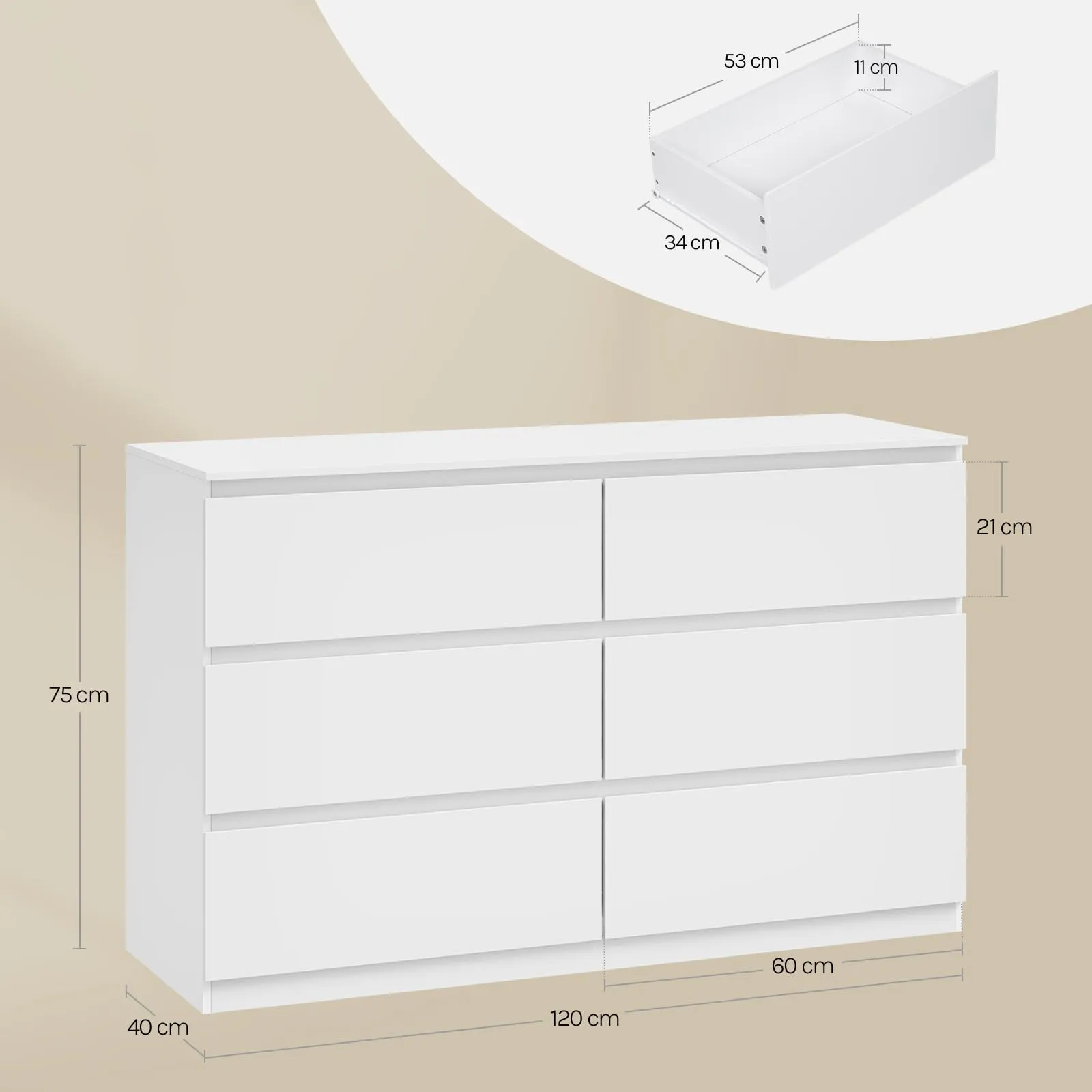 WOLTU Cassettiera 6 Cassetti Bianco 40 x 120 x 75 cm KMD008ws - immagine 3