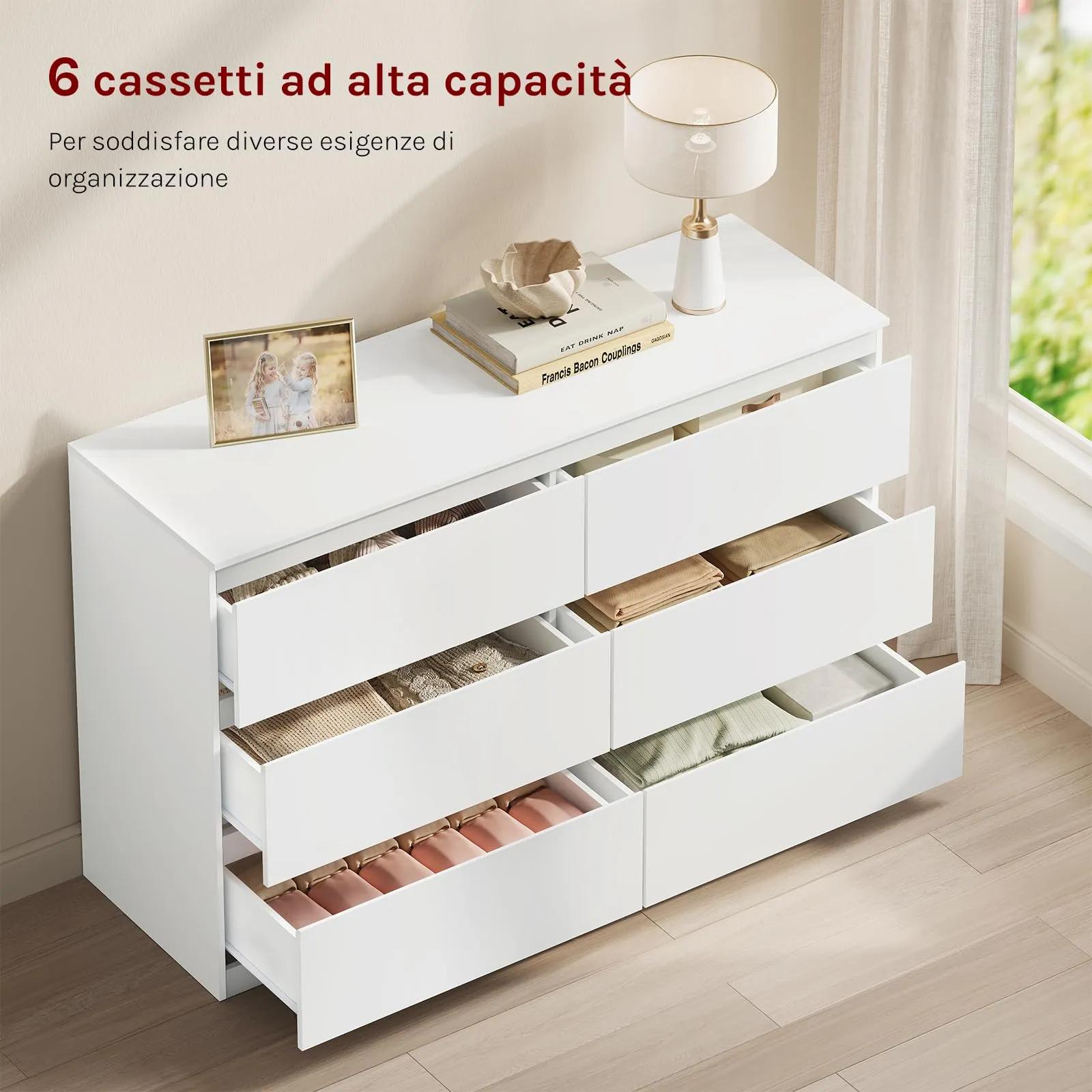WOLTU Cassettiera 6 Cassetti Bianco 40 x 120 x 75 cm KMD008ws - immagine 4