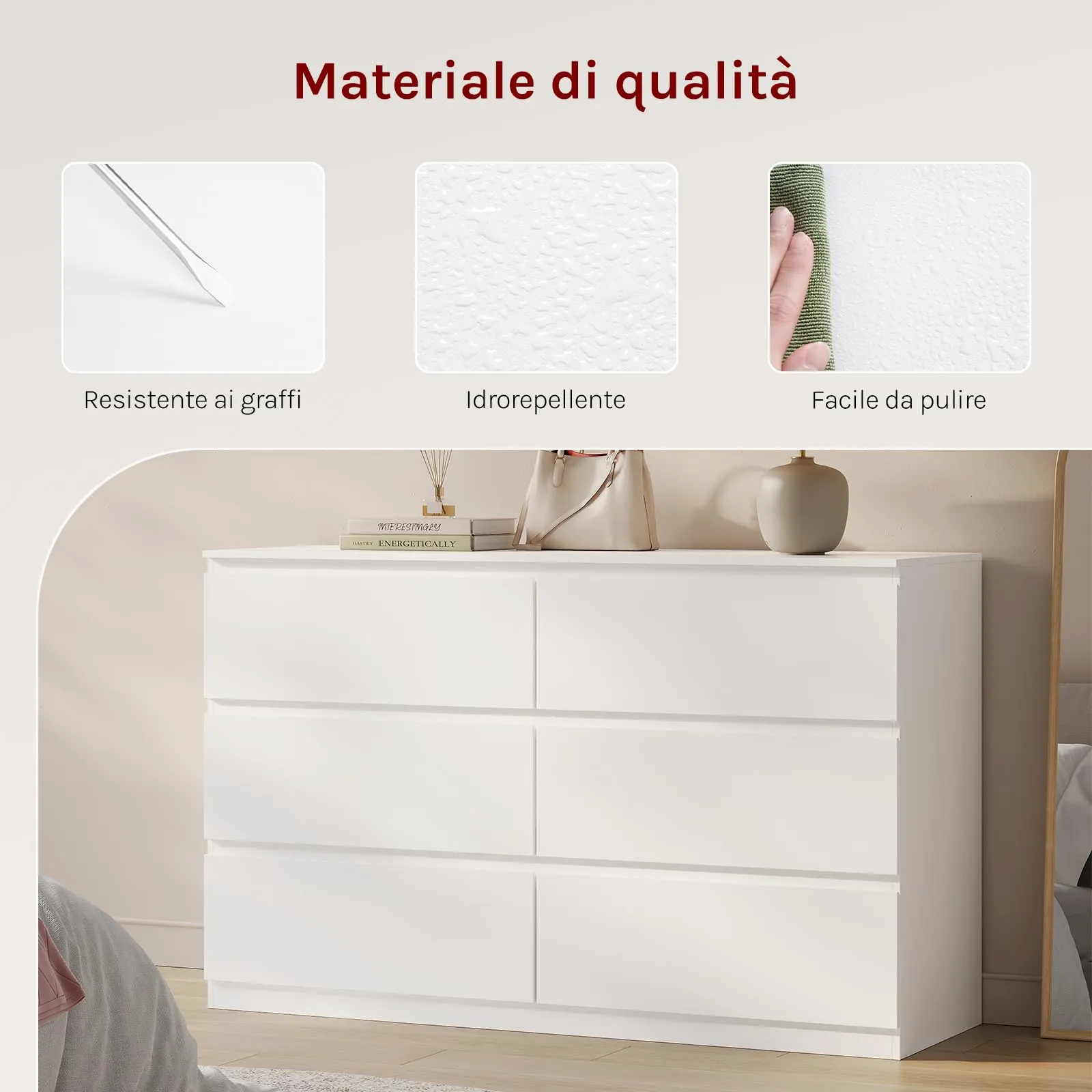 WOLTU Cassettiera 6 Cassetti Bianco 40 x 120 x 75 cm KMD008ws - immagine 5