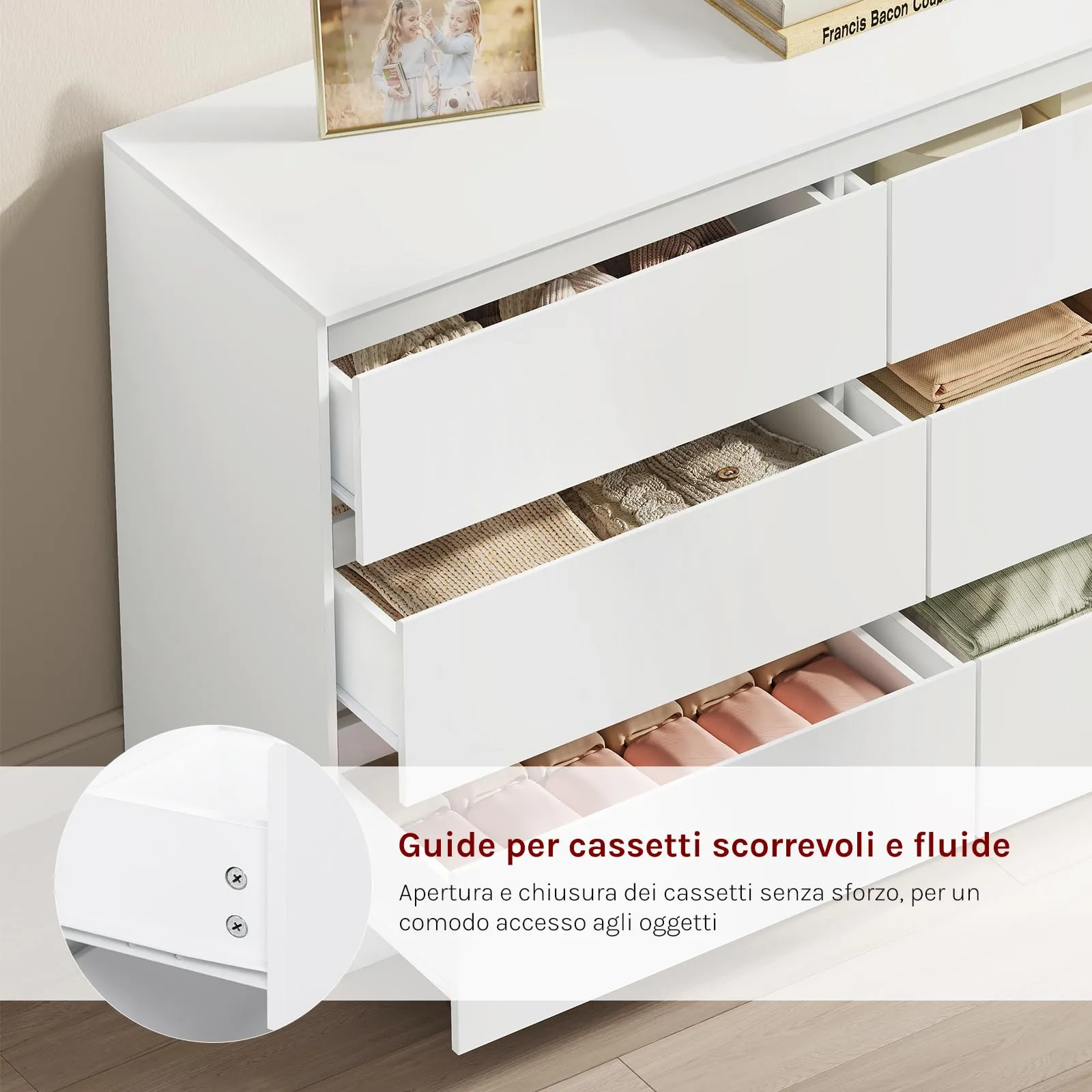 WOLTU Cassettiera 6 Cassetti Bianco 40 x 120 x 75 cm KMD008ws - immagine 6