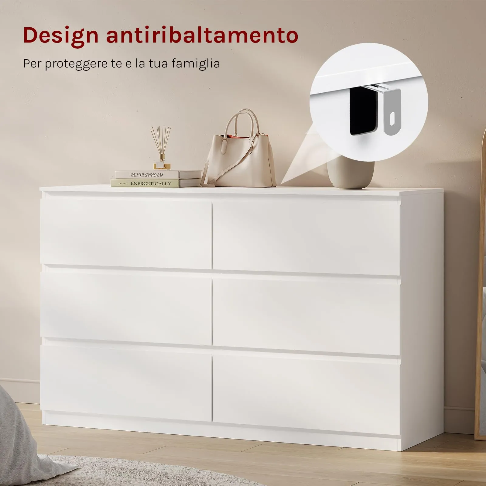 WOLTU Cassettiera 6 Cassetti Bianco 40 x 120 x 75 cm KMD008ws - immagine 8