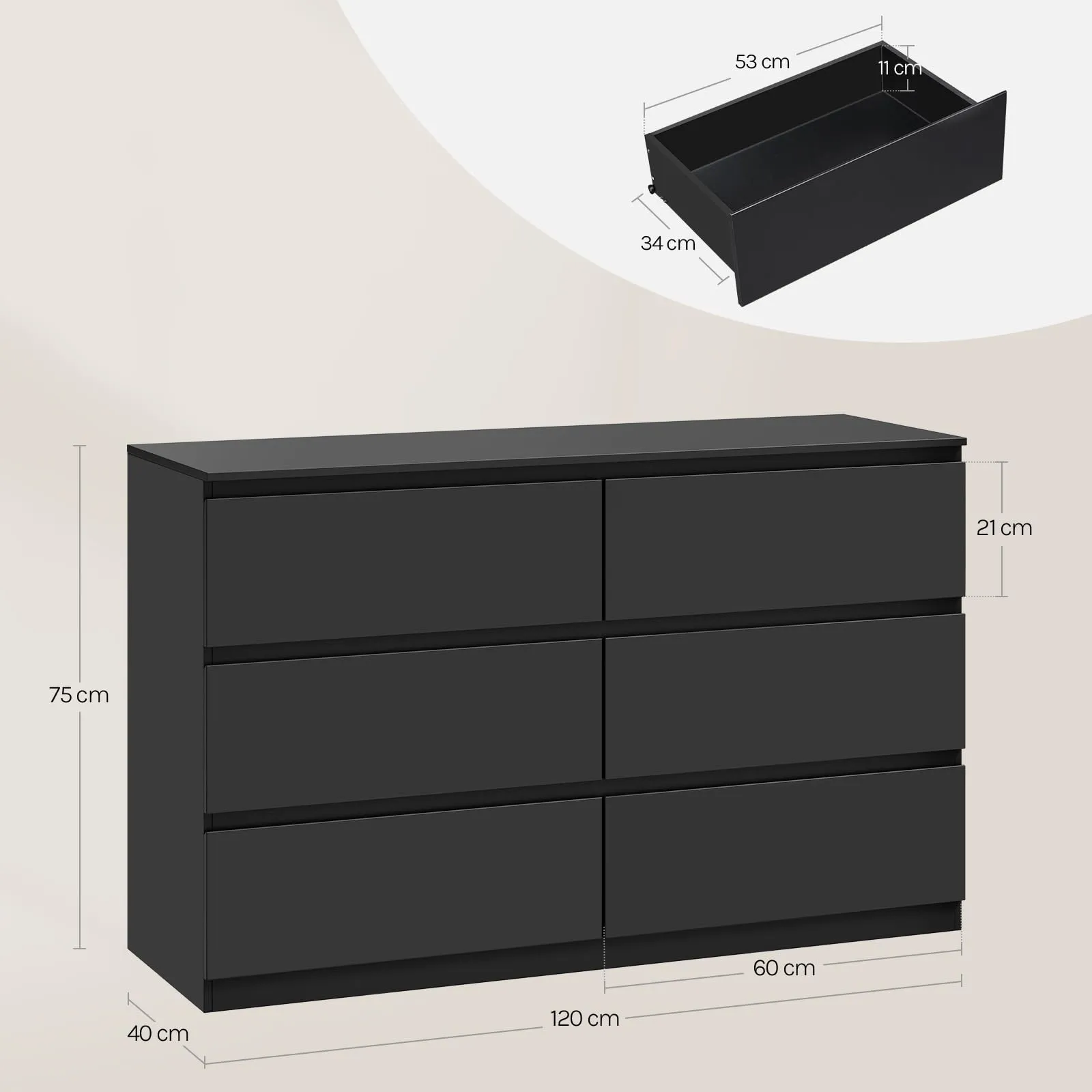 WOLTU Cassettiera Camera da Letto e Mobile Ingresso, 6 Cassetti, Nero, 40P x 120l x 75A cm, KMD008sz - immagine 3