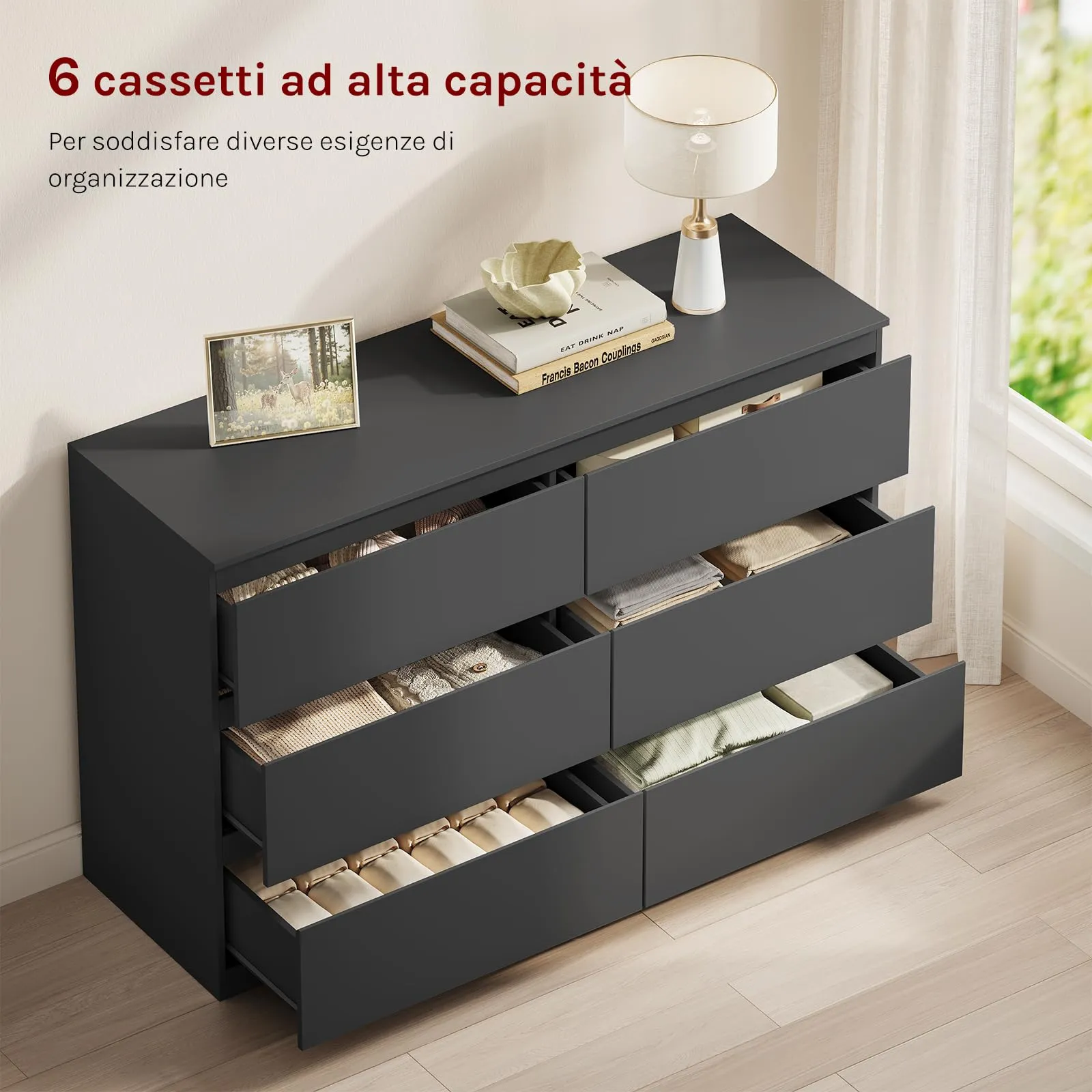 WOLTU Cassettiera Camera da Letto e Mobile Ingresso, 6 Cassetti, Nero, 40P x 120l x 75A cm, KMD008sz - immagine 4