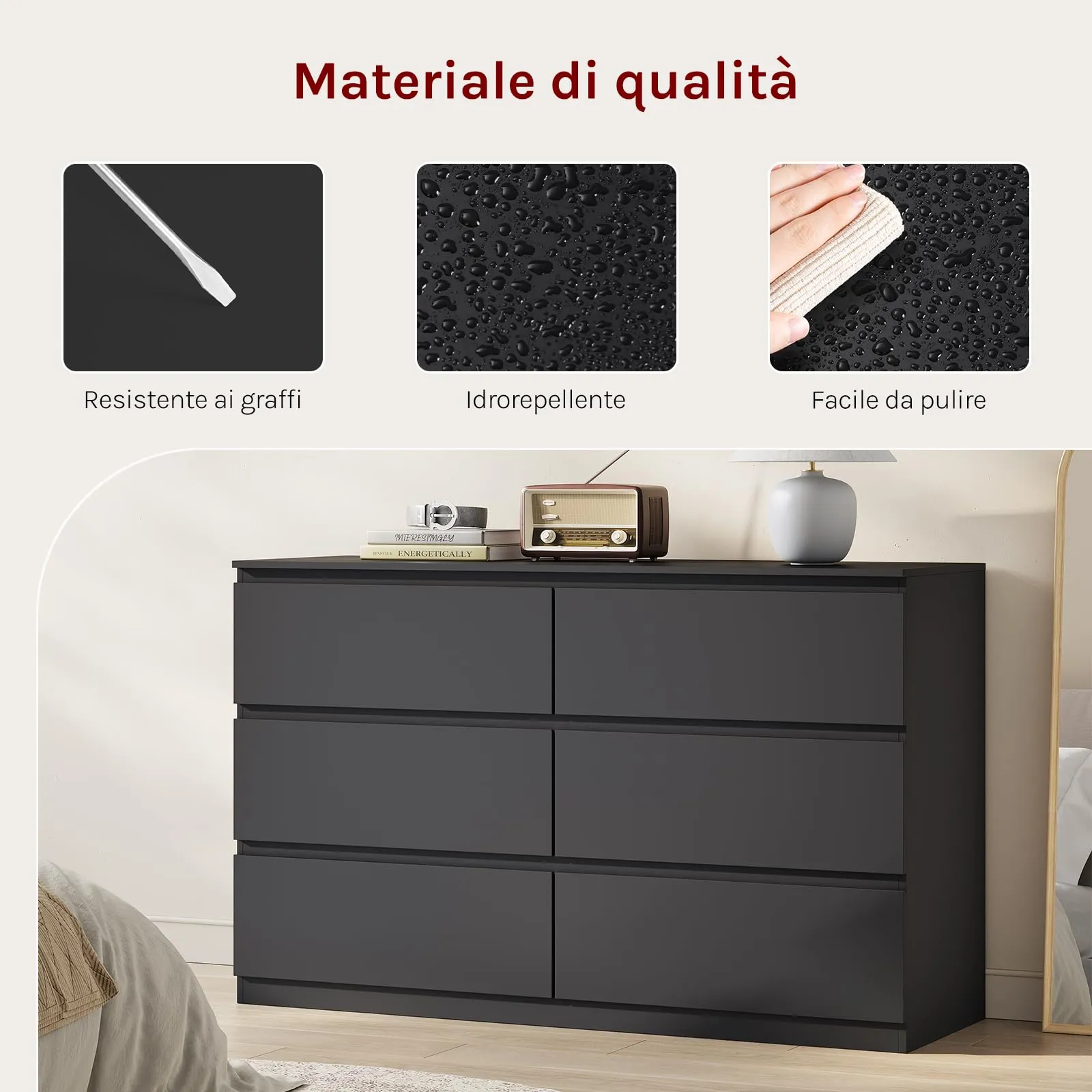 WOLTU Cassettiera Camera da Letto e Mobile Ingresso, 6 Cassetti, Nero, 40P x 120l x 75A cm, KMD008sz - immagine 5
