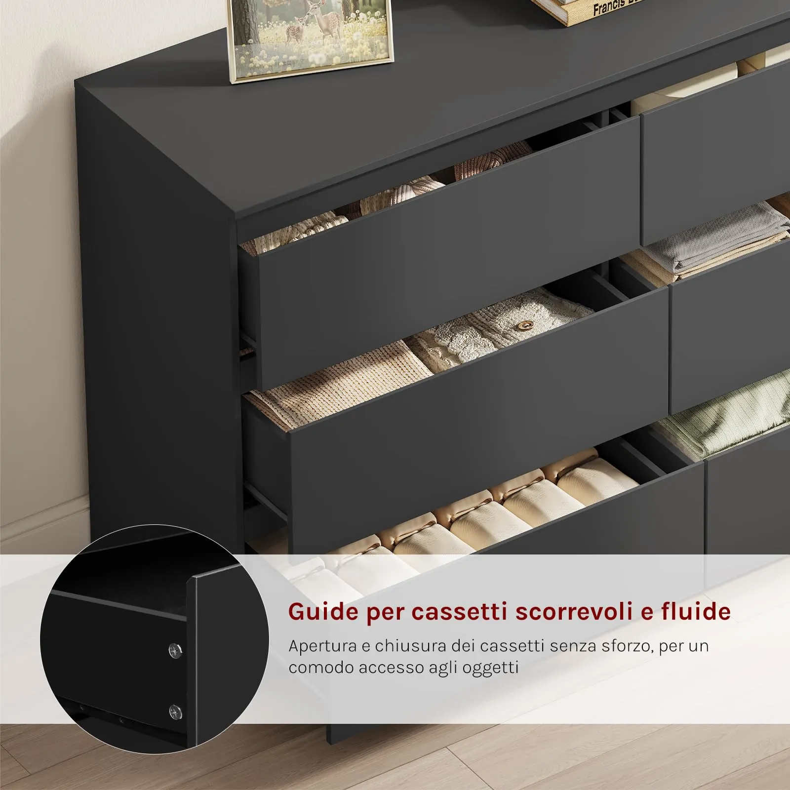 WOLTU Cassettiera Camera da Letto e Mobile Ingresso, 6 Cassetti, Nero, 40P x 120l x 75A cm, KMD008sz - immagine 6