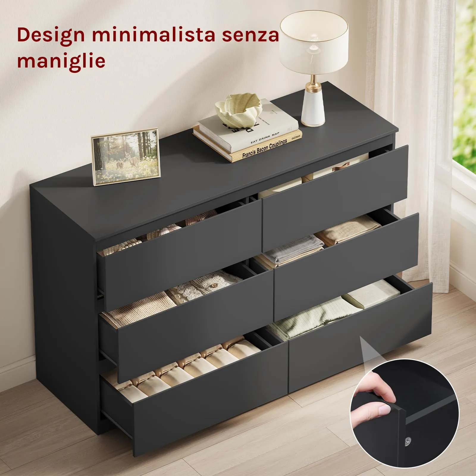 WOLTU Cassettiera Camera da Letto e Mobile Ingresso, 6 Cassetti, Nero, 40P x 120l x 75A cm, KMD008sz - immagine 7