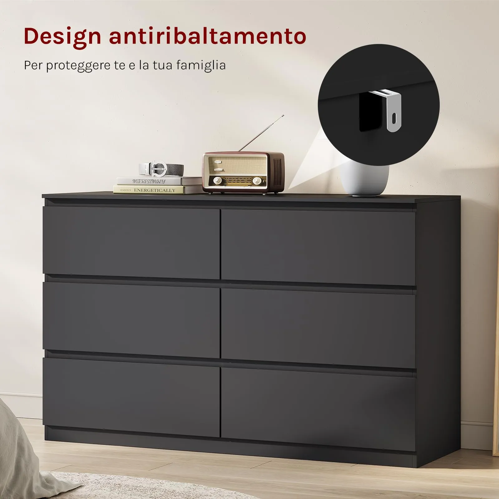 WOLTU Cassettiera Camera da Letto e Mobile Ingresso, 6 Cassetti, Nero, 40P x 120l x 75A cm, KMD008sz - immagine 8