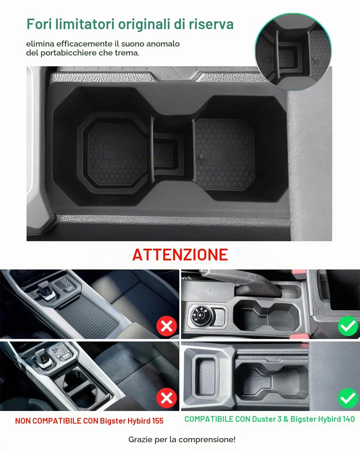 GAFAT Cup Holder Insert for Dacia Duster 3 (2024-2026) and Dacia Bigster (2025-2028), TPE Soft Rubber Center Console Organizer - immagine 3