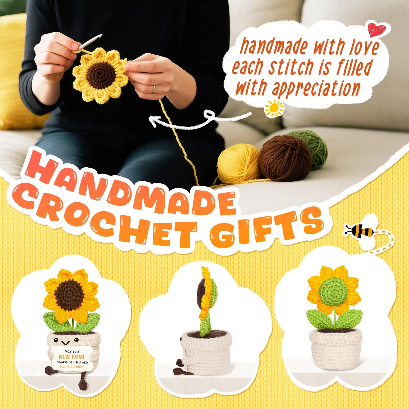 Giftasy Girasole a Maglia Fatto a Mano con Scheda Messaggio - immagine 5