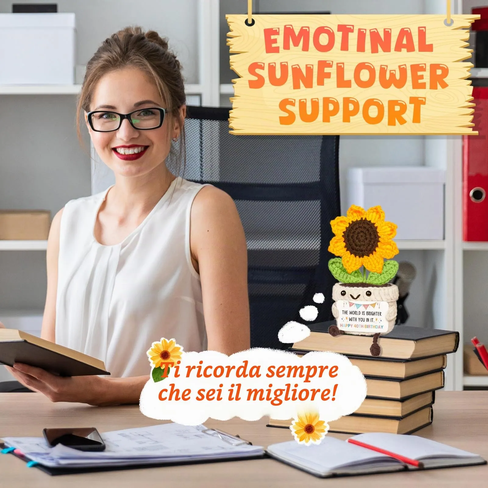 Giftasy Fiore di Girasole Ricamato a Mano con Biglietto per 40° Compleanno - immagine 8