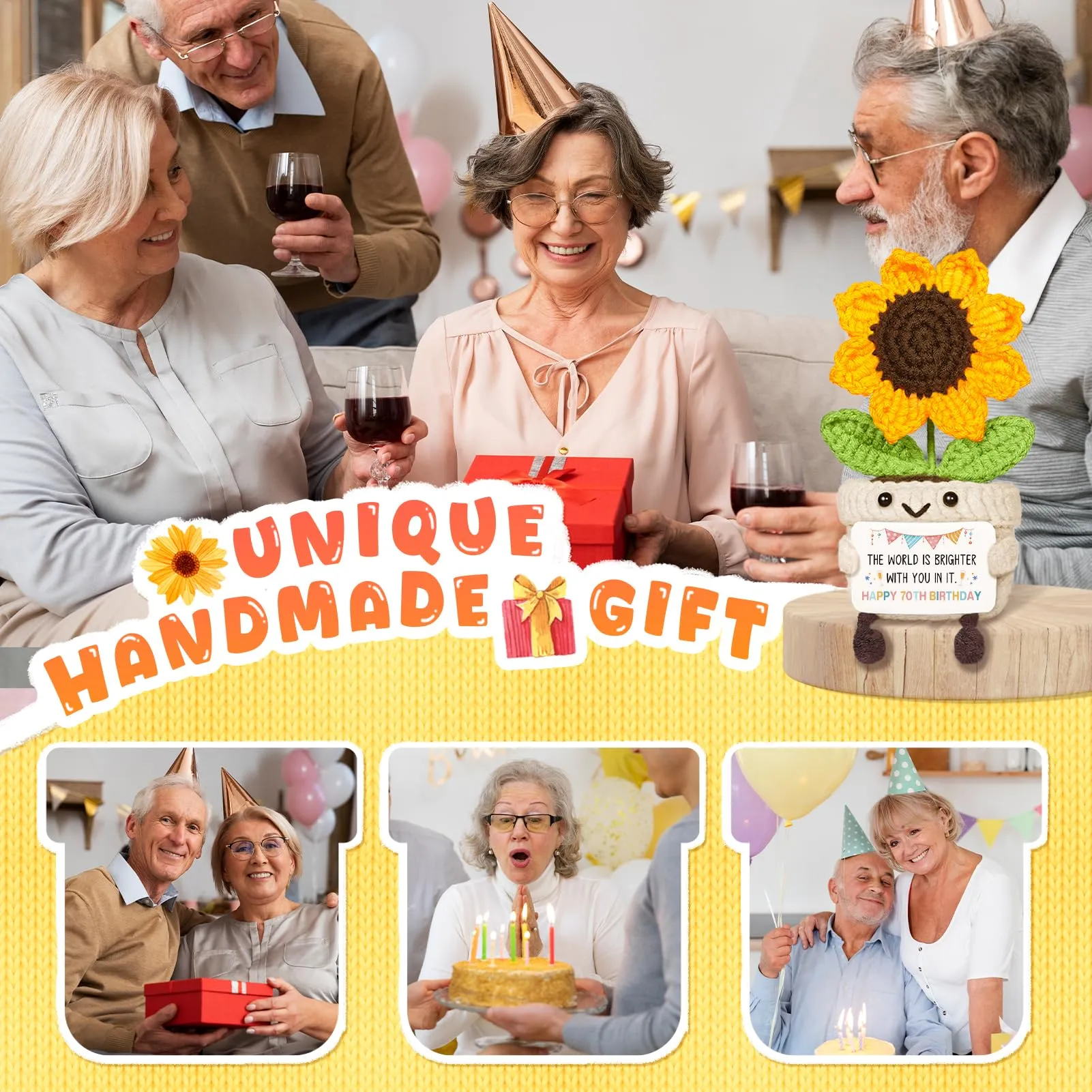 Giftasy Girasole all'Uncinetto Fatto a Mano con Biglietto per 70° Compleanno - immagine 6