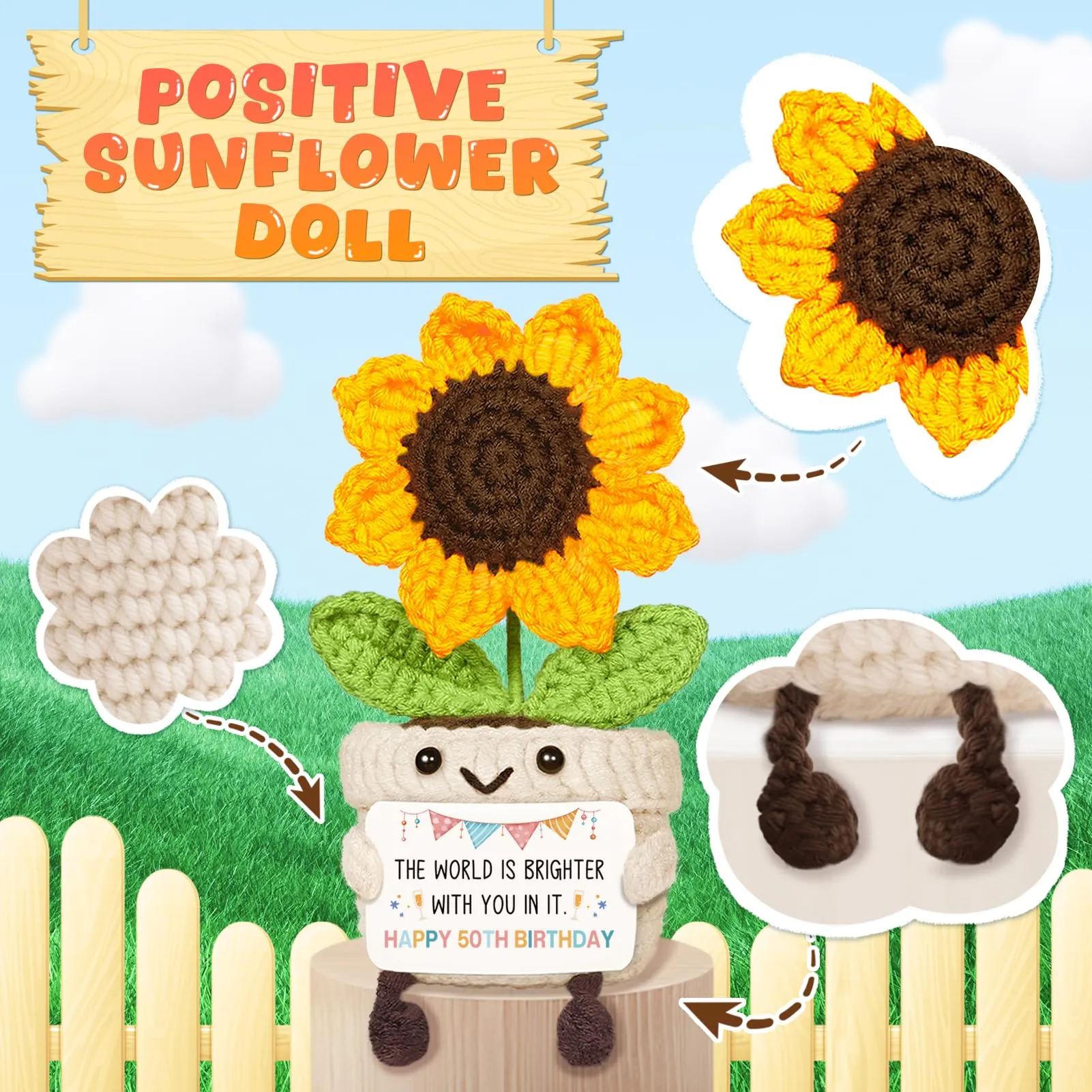 Giftasy Girasole all'uncinetto fatto a mano con biglietto per 50° compleanno donna - immagine 3