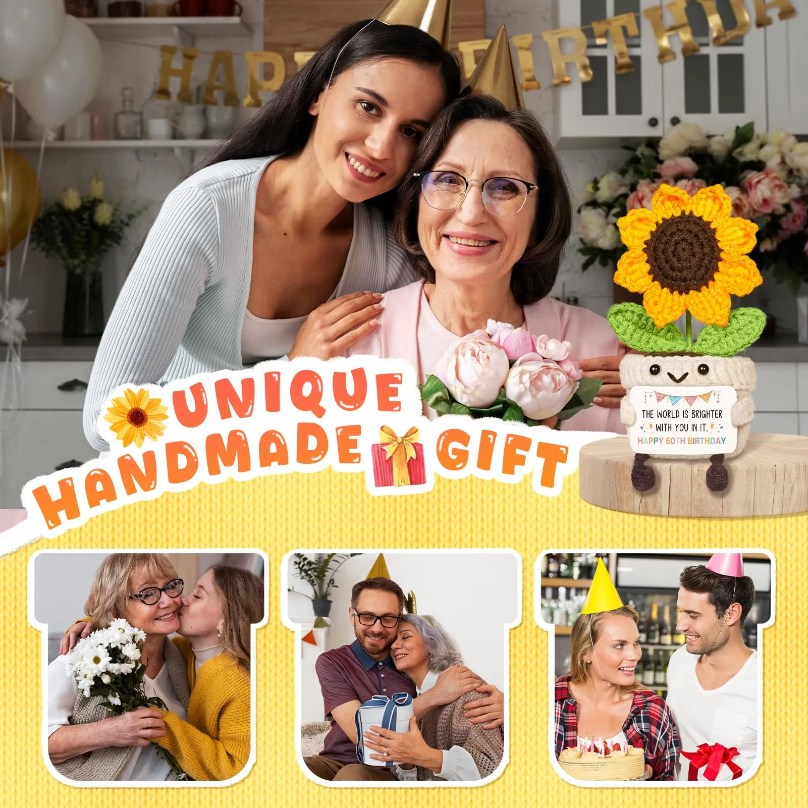 Giftasy Girasole all'uncinetto fatto a mano con biglietto per 50° compleanno donna - immagine 6