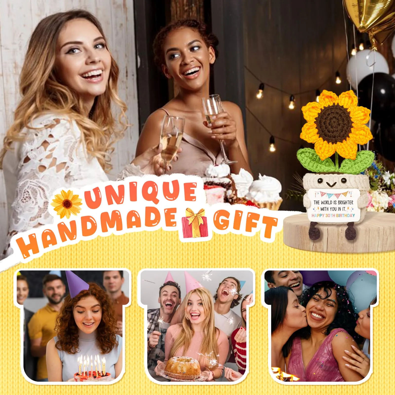 Giftasy Girasole all'uncinetto fatto a mano con biglietto per 30° compleanno donna - immagine 4