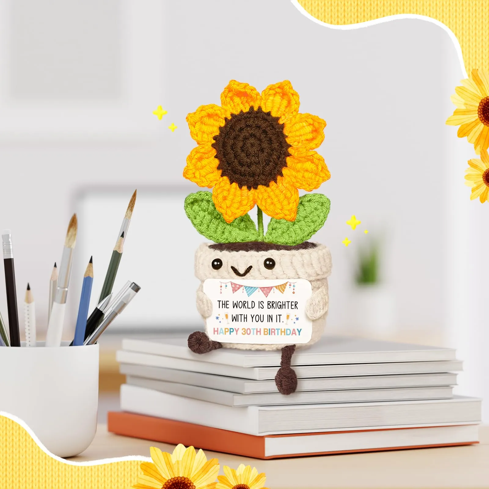 Giftasy Girasole all'uncinetto fatto a mano con biglietto per 30° compleanno donna - immagine 8