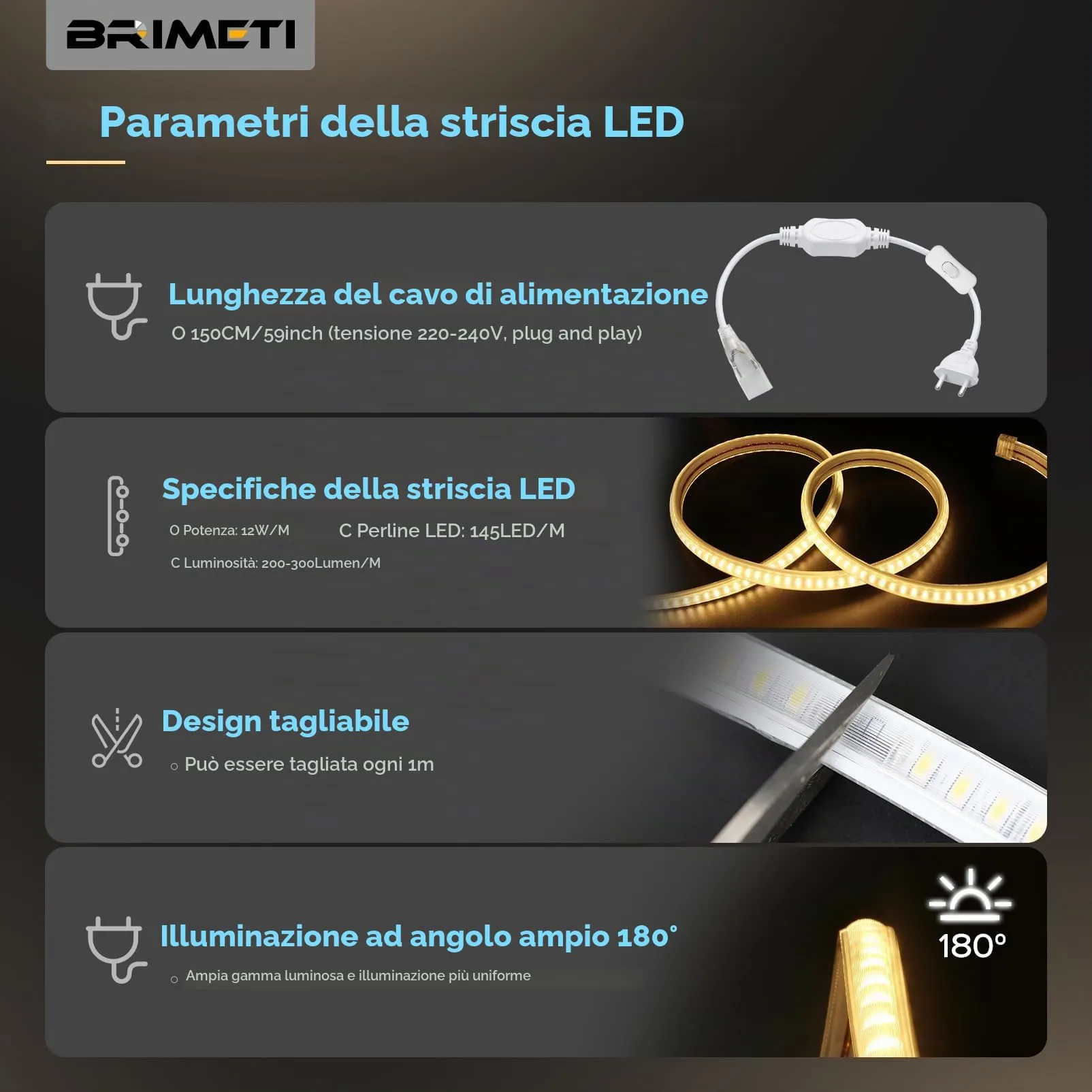 BRIMETI Striscia LED 220V 2M Bianco Freddo 6000K Impermeabile IP65 145LED/M - immagine 2