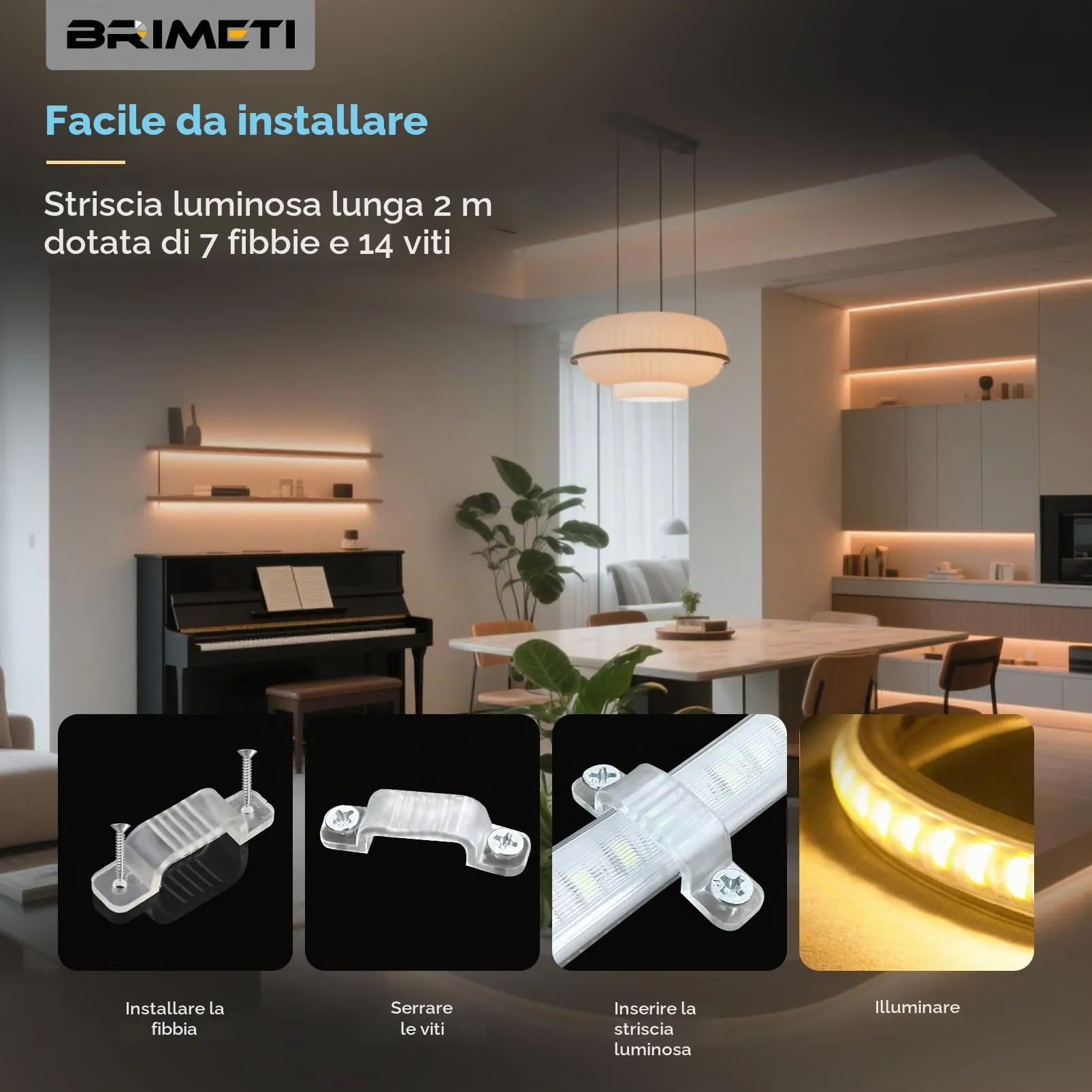 BRIMETI Striscia LED 220V 2M Bianco Freddo 6000K Impermeabile IP65 145LED/M - immagine 4