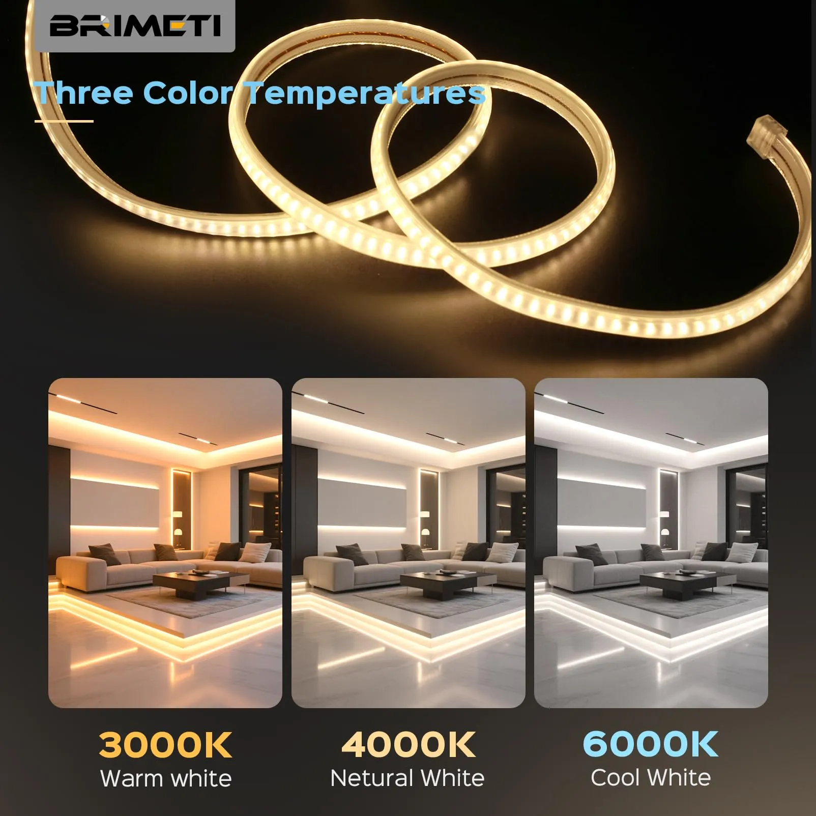 BRIMETI Striscia LED 220V 10M Bianco Naturale 4000K IP65 145 LED/M Tagliabile - immagine 5