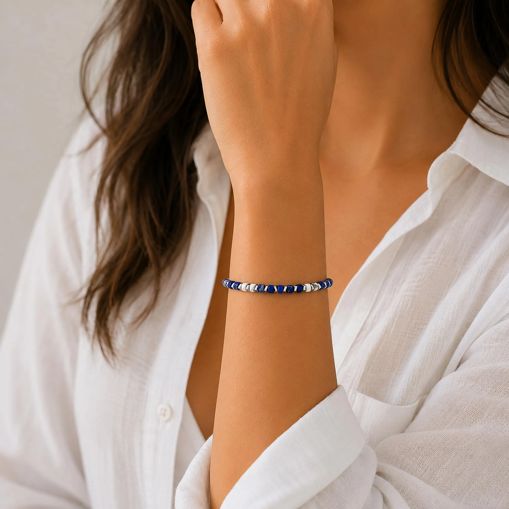 Dada Gioielli Bracciale Unisex in Acciaio Inossidabile e Pietre Naturali Multicolor (Blu + Aulite Bianca) - immagine 2