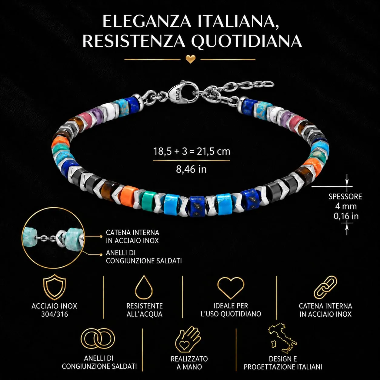 Dada Gioielli Bracciale Unisex in Acciaio Inossidabile e Pietre Naturali Multicolor (Blu + Aulite Bianca) - immagine 4