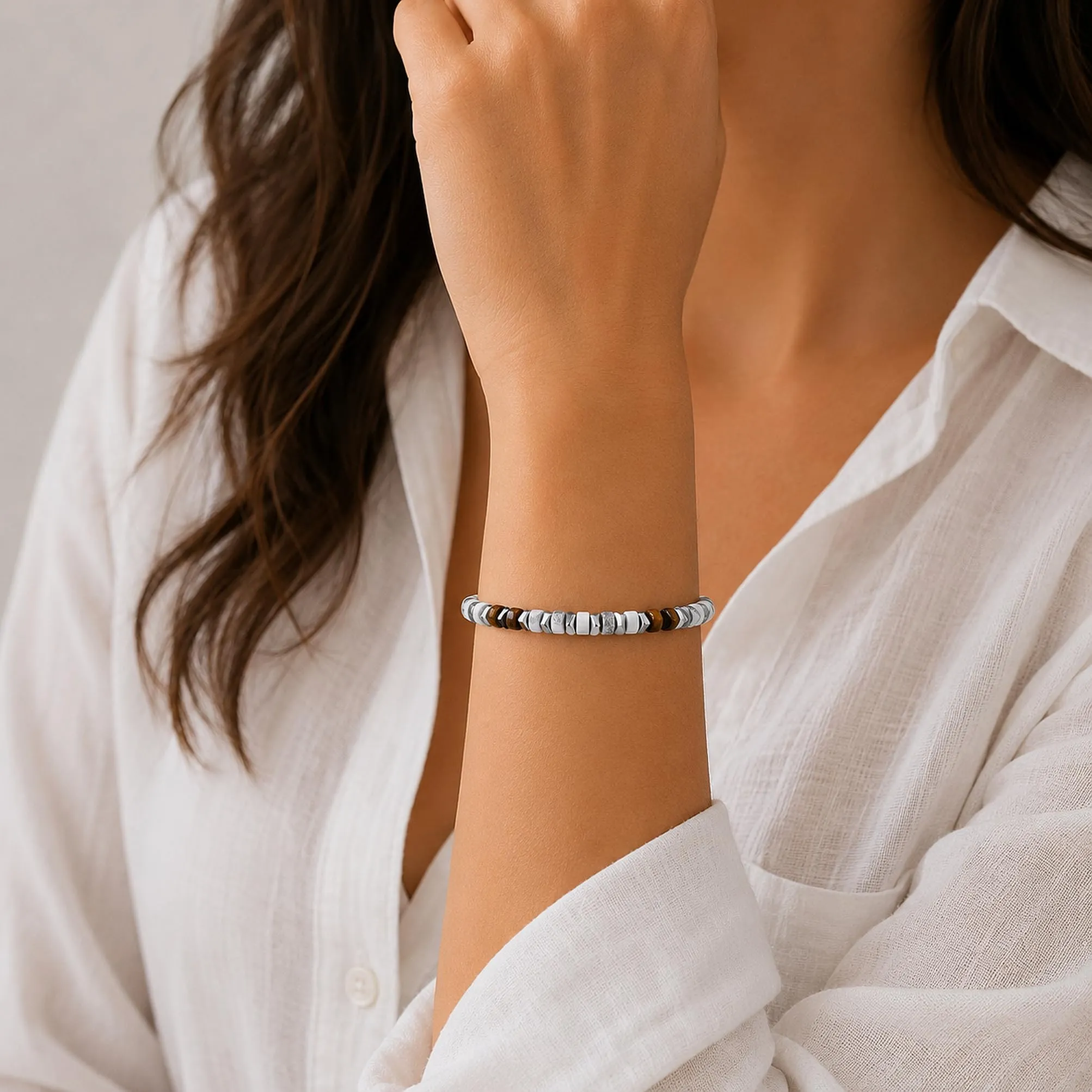 Dada Gioielli Bracciale Unisex in Acciaio Inossidabile e Pietre Naturali Aulite Bianca e Occhio di Tigre - immagine 2