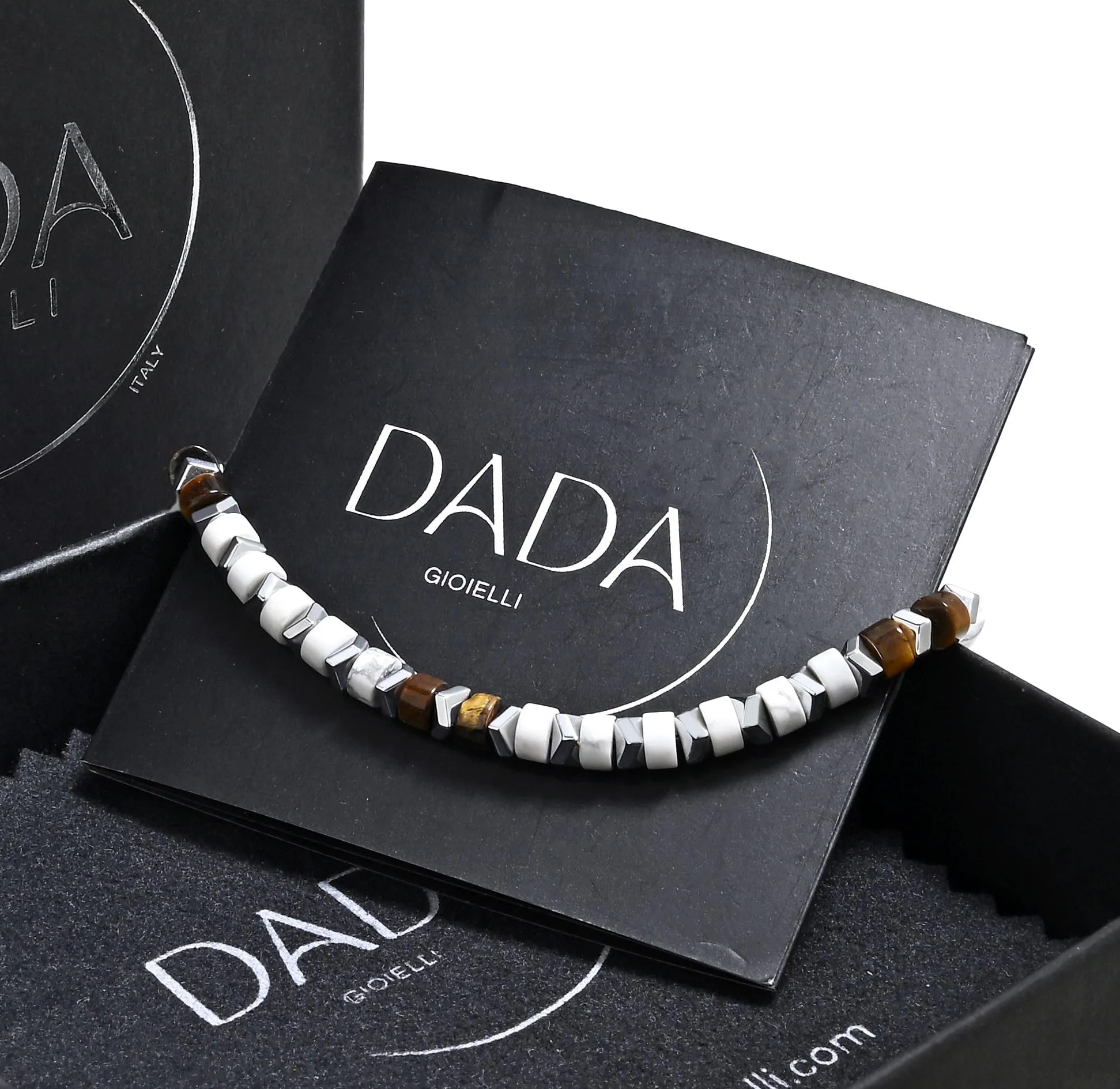 Dada Gioielli Bracciale Unisex in Acciaio Inossidabile e Pietre Naturali Aulite Bianca e Occhio di Tigre - immagine 5