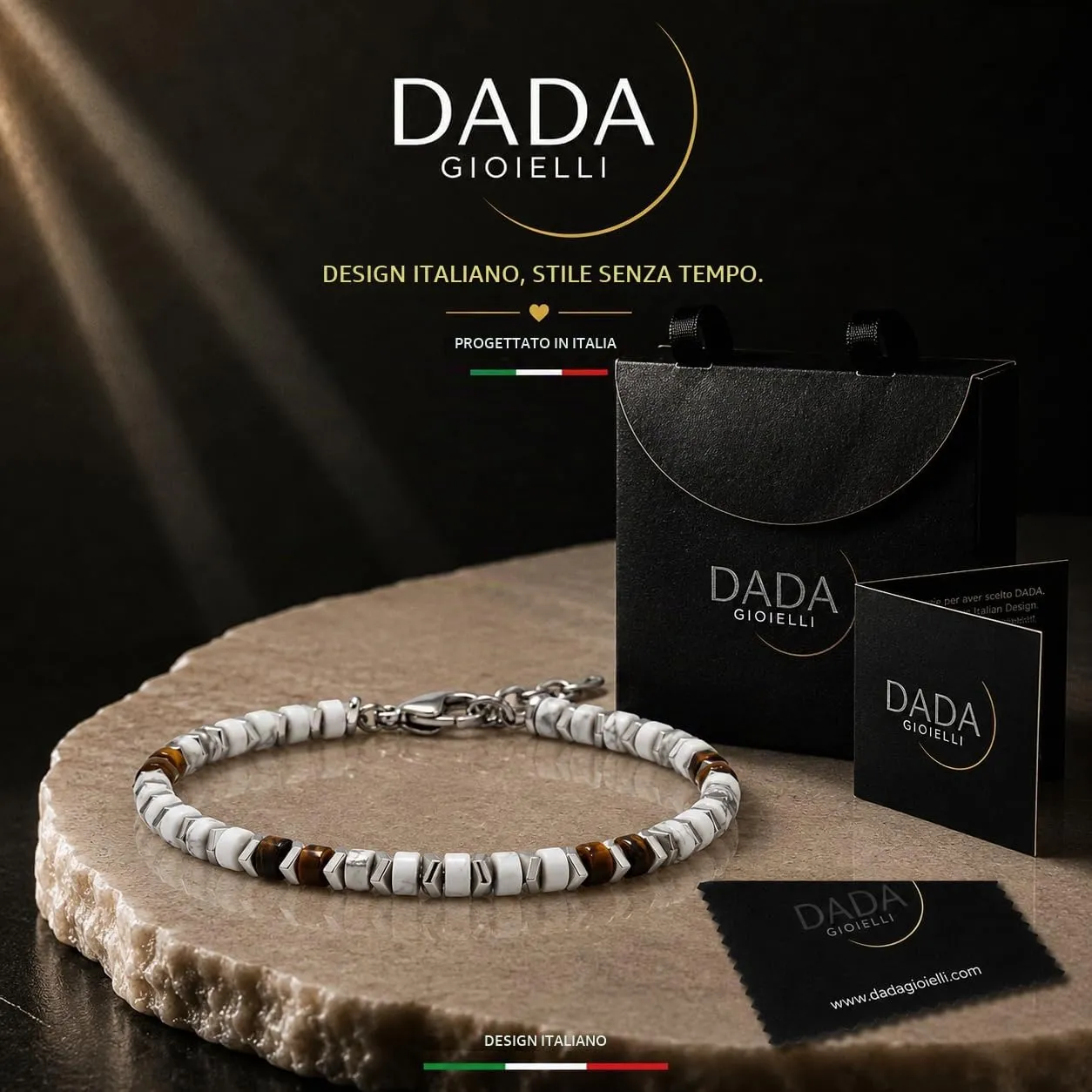 Dada Gioielli Bracciale Unisex in Acciaio Inossidabile e Pietre Naturali Aulite Bianca e Occhio di Tigre - immagine 6