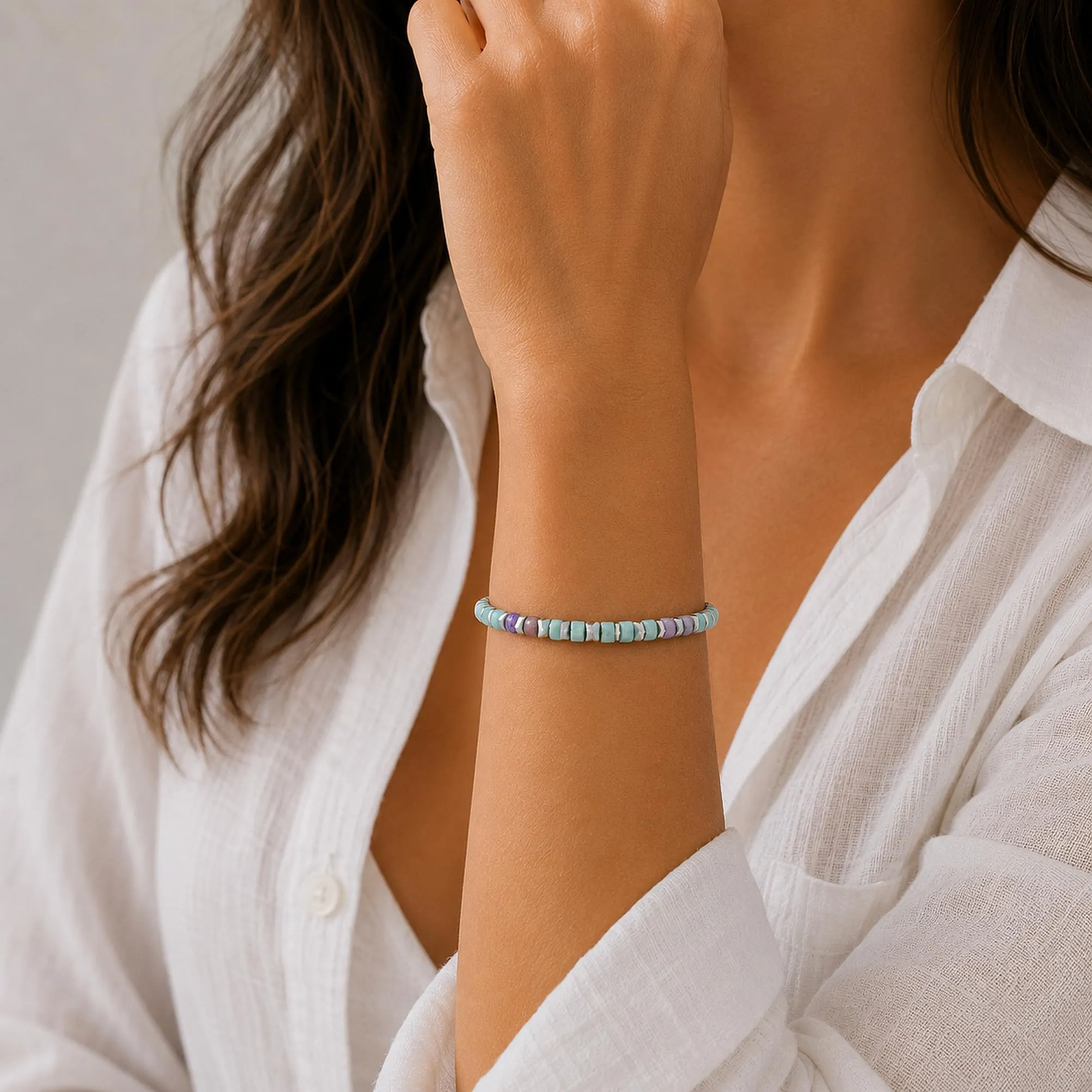 Dada Gioielli Bracciale Unisex in Acciaio Inossidabile e Pietre Naturali Multicolor Amazonite e Ametista, Regolabile - immagine 2