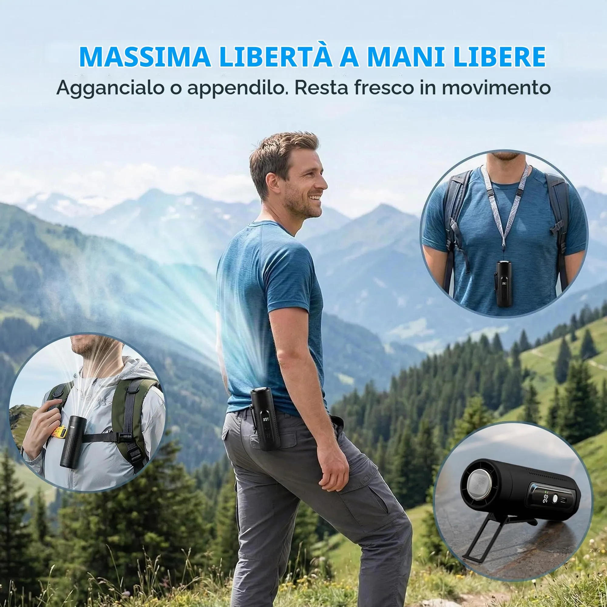LUCYLANKER Mini Ventilatore Portatile 3 in 1 con Piastra Raffreddante, 5 Velocità, Display LED, USB-C, Clip, Supporto e Torcia, Ricaricabile (Nero) - immagine 4
