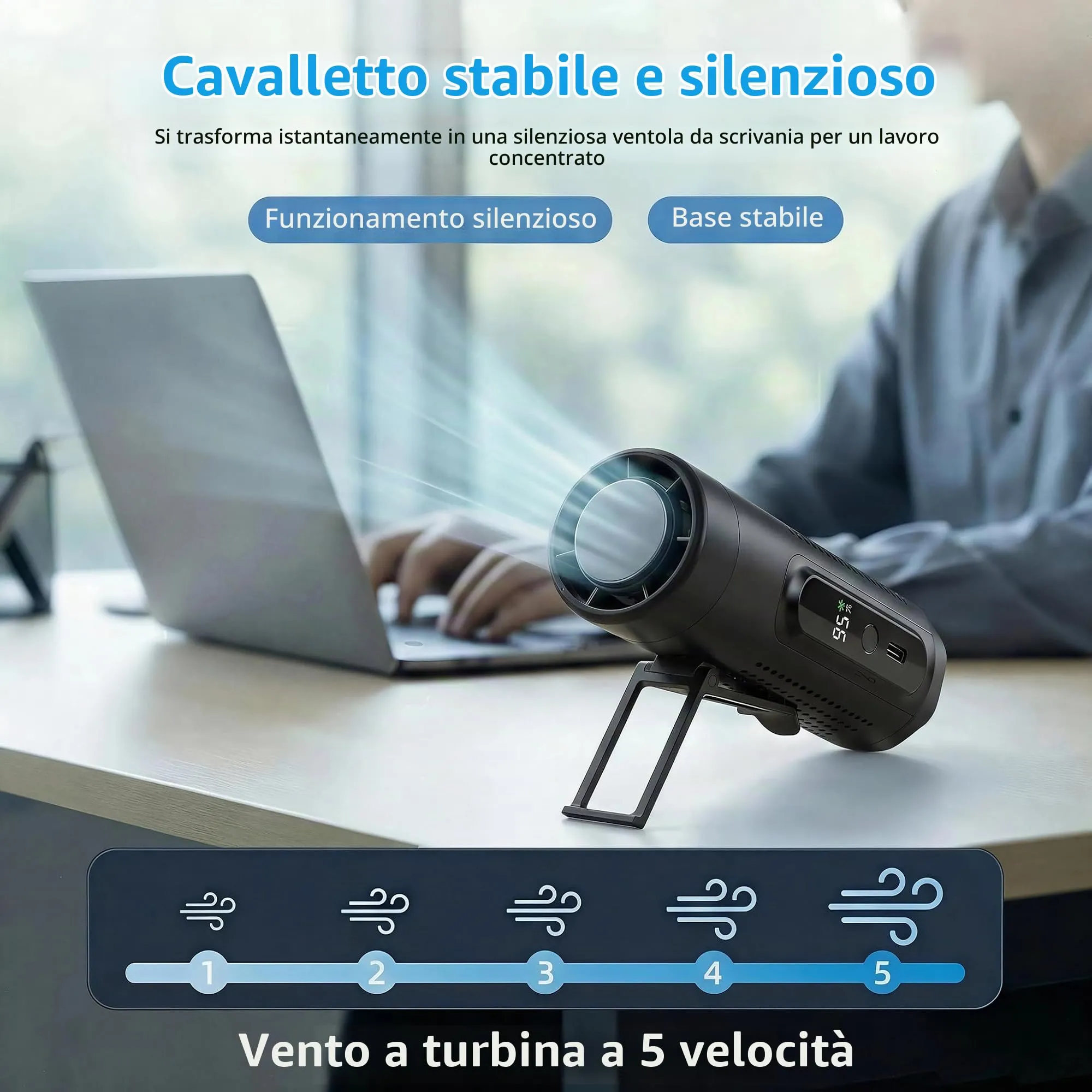 LUCYLANKER Mini Ventilatore Portatile 3 in 1 con Piastra Raffreddante, 5 Velocità, Display LED, USB-C, Clip, Supporto e Torcia, Ricaricabile (Nero) - immagine 5
