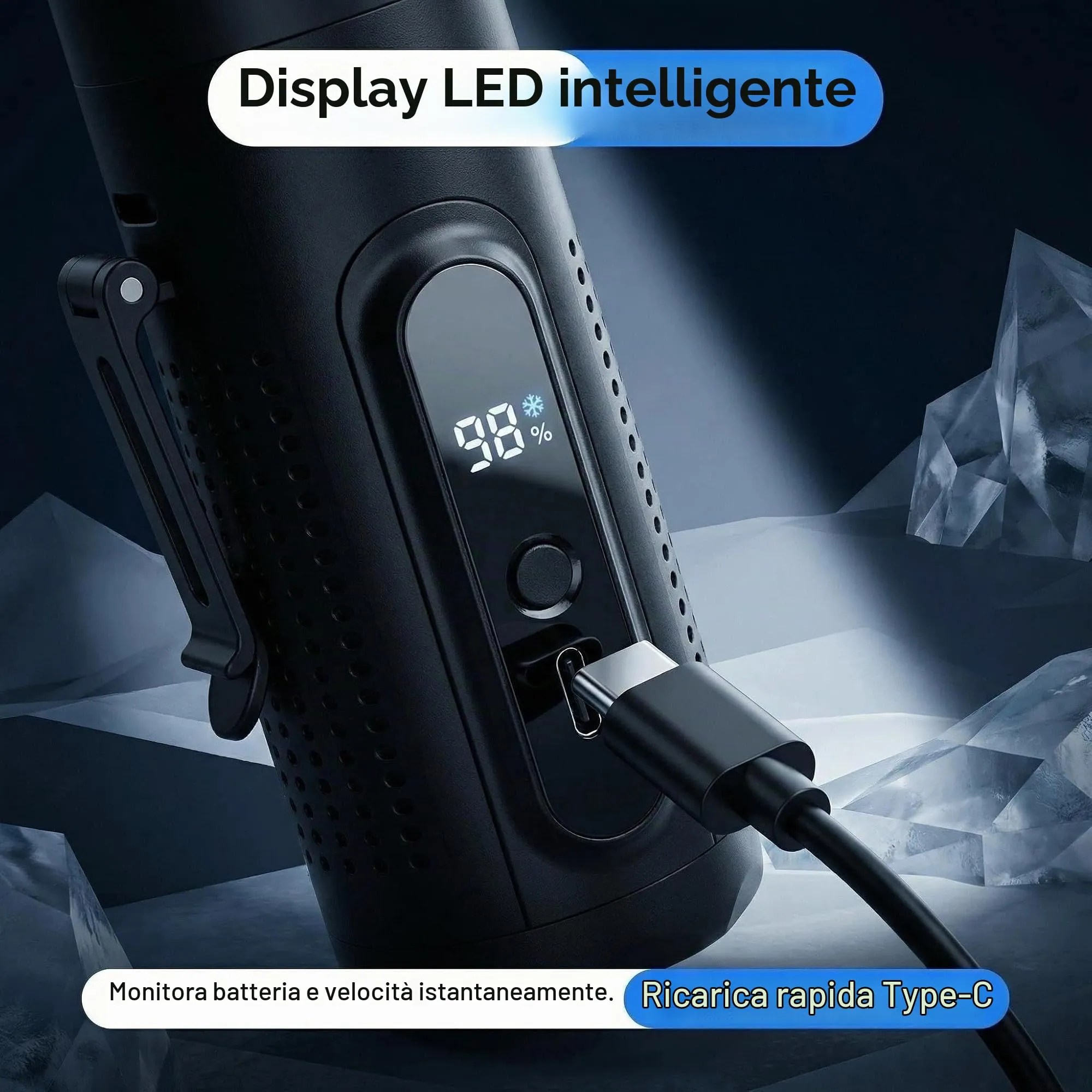 LUCYLANKER Mini Ventilatore Portatile 3 in 1 con Piastra Raffreddante, 5 Velocità, Display LED, USB-C, Clip, Supporto e Torcia, Ricaricabile (Nero) - immagine 7