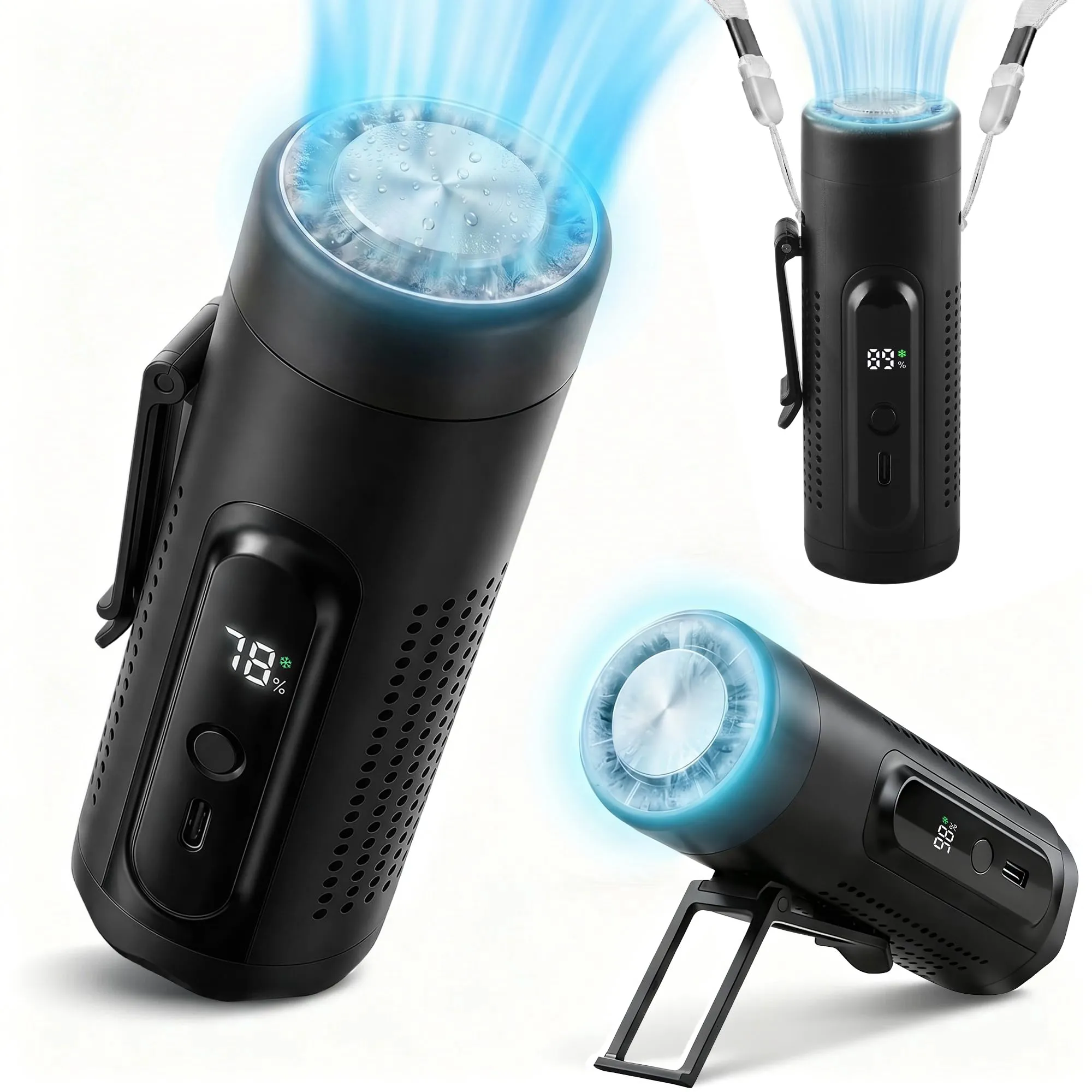 LUCYLANKER Mini Ventilatore Portatile 3 in 1 con Piastra Raffreddante, 5 Velocità, Display LED, USB-C, Clip, Supporto e Torcia, Ricaricabile (Nero) - immagine 9