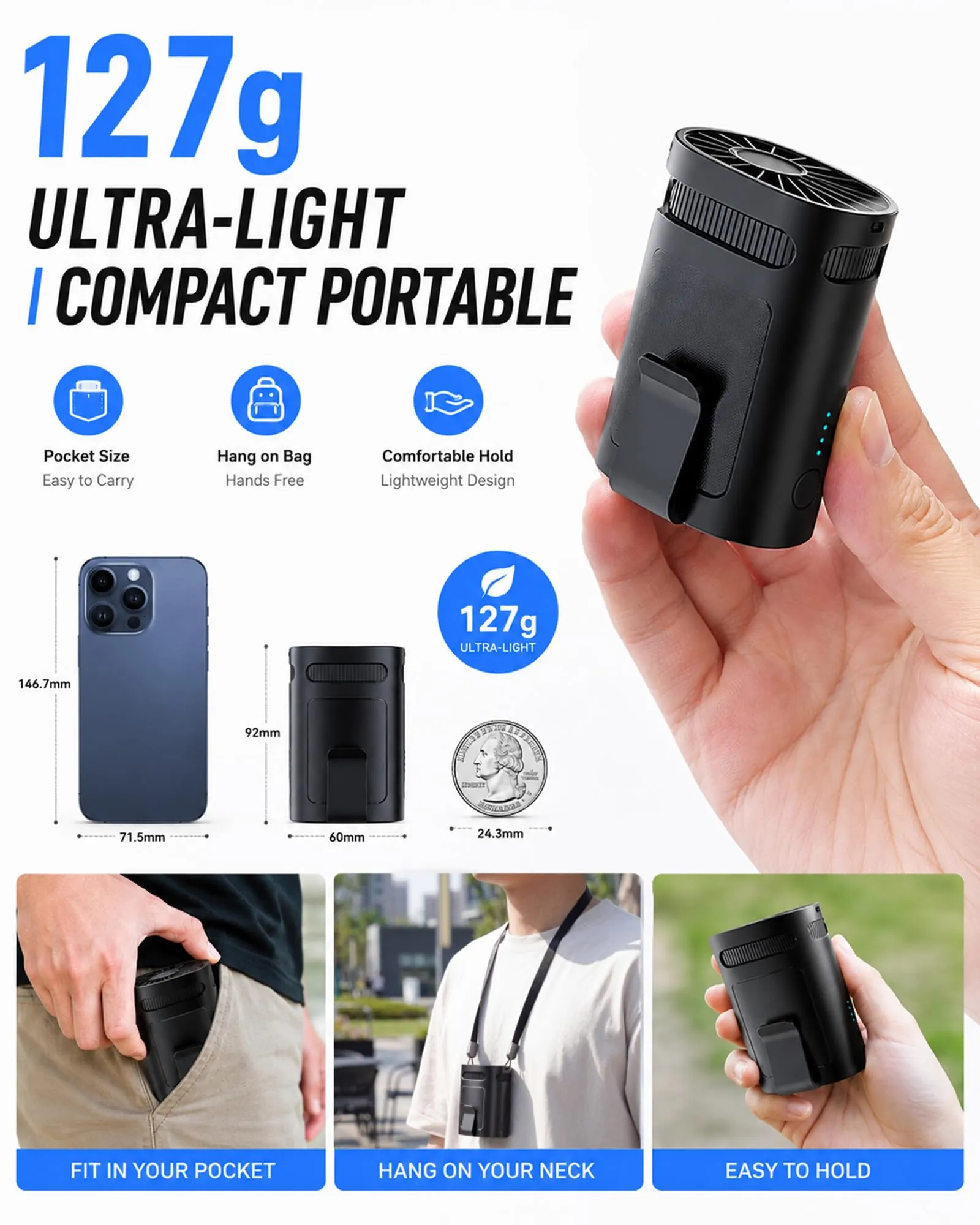 LUCYLANKER Ventilatore da Cintura Portatile con Clip e Cordino, 4 Velocità, Nero - immagine 5