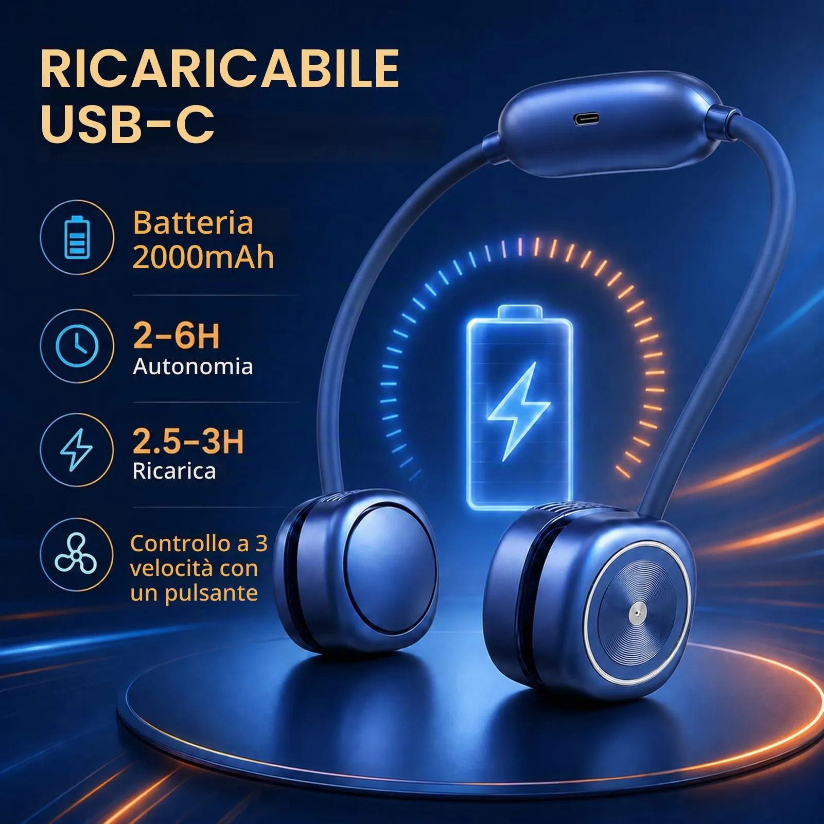 LUCYLANKER Ventilatore da Collo Portatile Pieghevole Senza Pale, 3 Velocità, Blu - immagine 7
