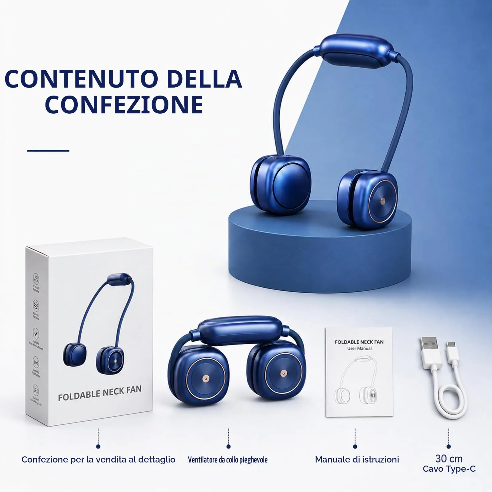 LUCYLANKER Ventilatore da Collo Portatile Pieghevole Senza Pale, 3 Velocità, Blu - immagine 8