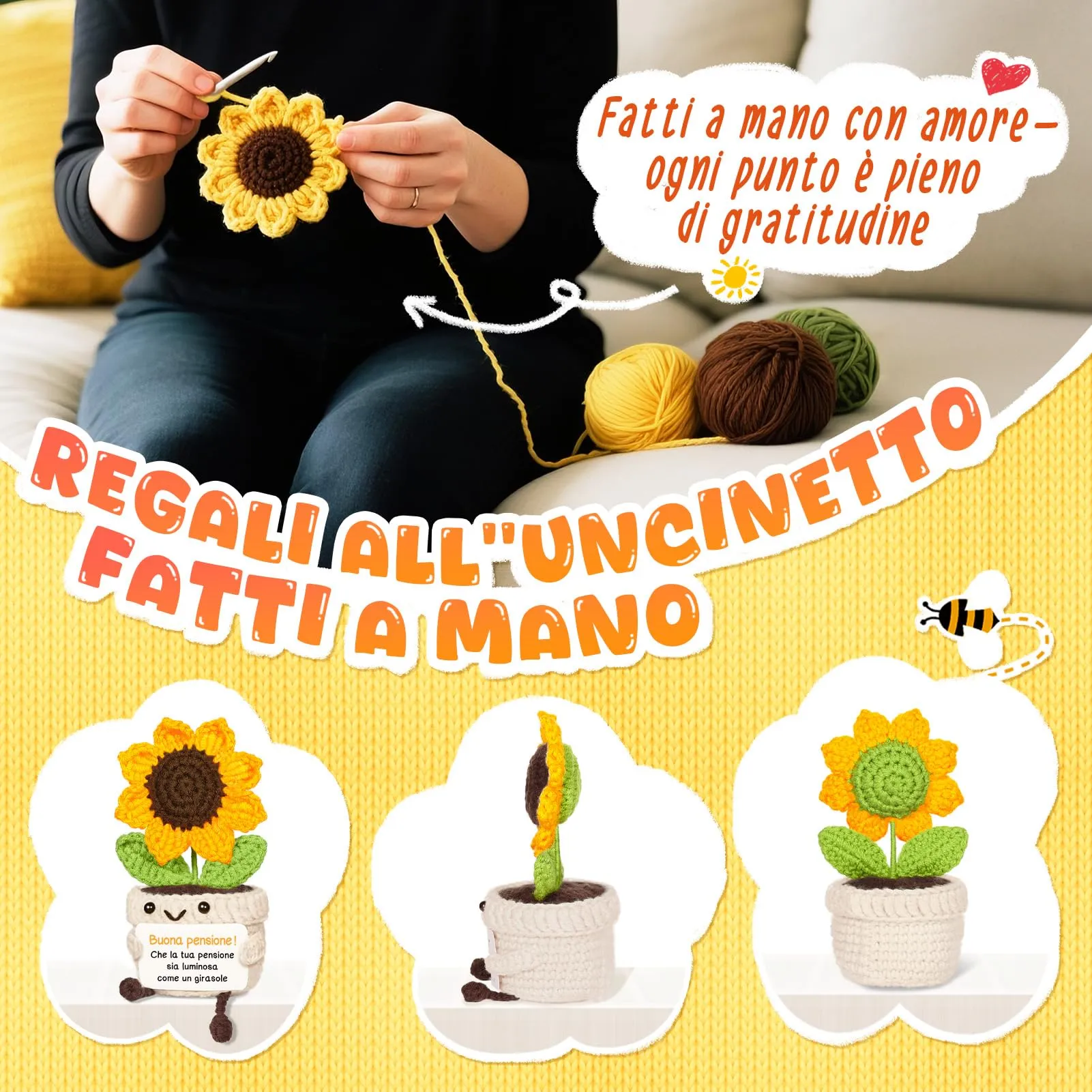 Giftasy Girasole Amigurumi Decorativo Fatto a Mano per Pensione Donna - immagine 5