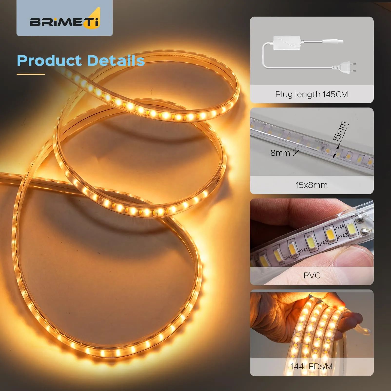 BRIMETI Striscia LED Dimmerabile CCT 220V con Telecomando, 2 Metri, IP65 - immagine 3
