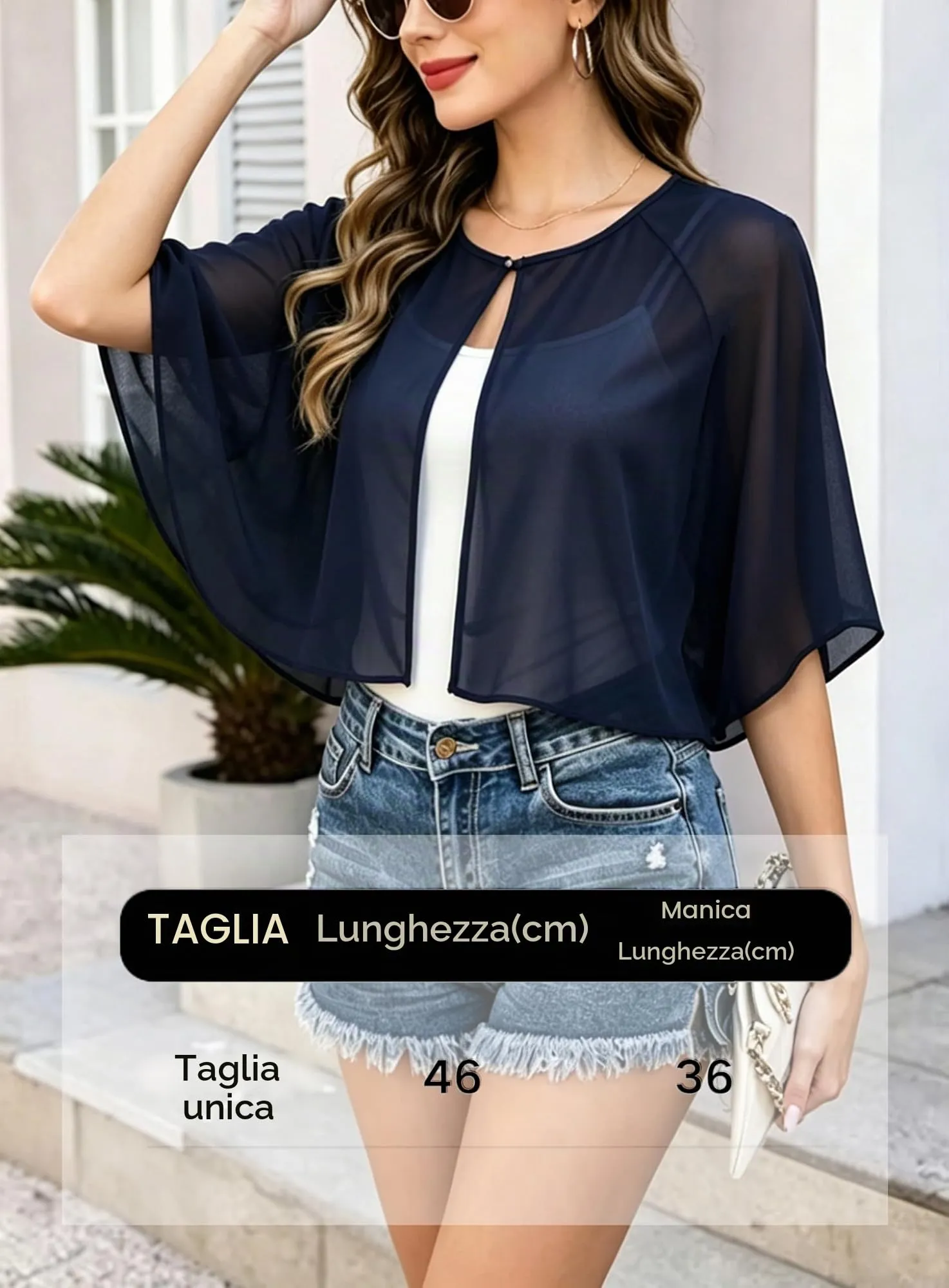 Vossmi Coprispalle in Chiffon da Donna, Bolero Cardigan Corto con Bottone, Blu Navy - immagine 6