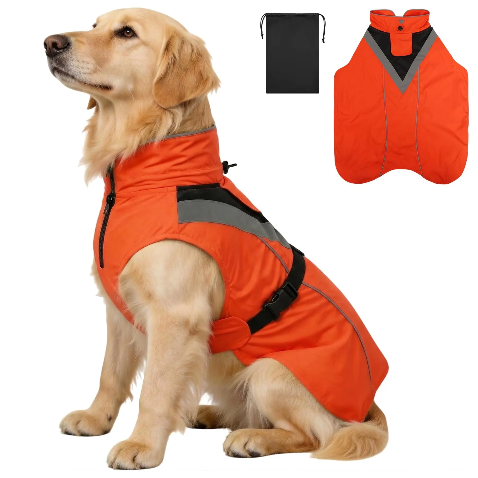 AOOWU Impermeabile per Cani con Cappuccio e Riflettenti, Arancione, Taglia L - immagine 1