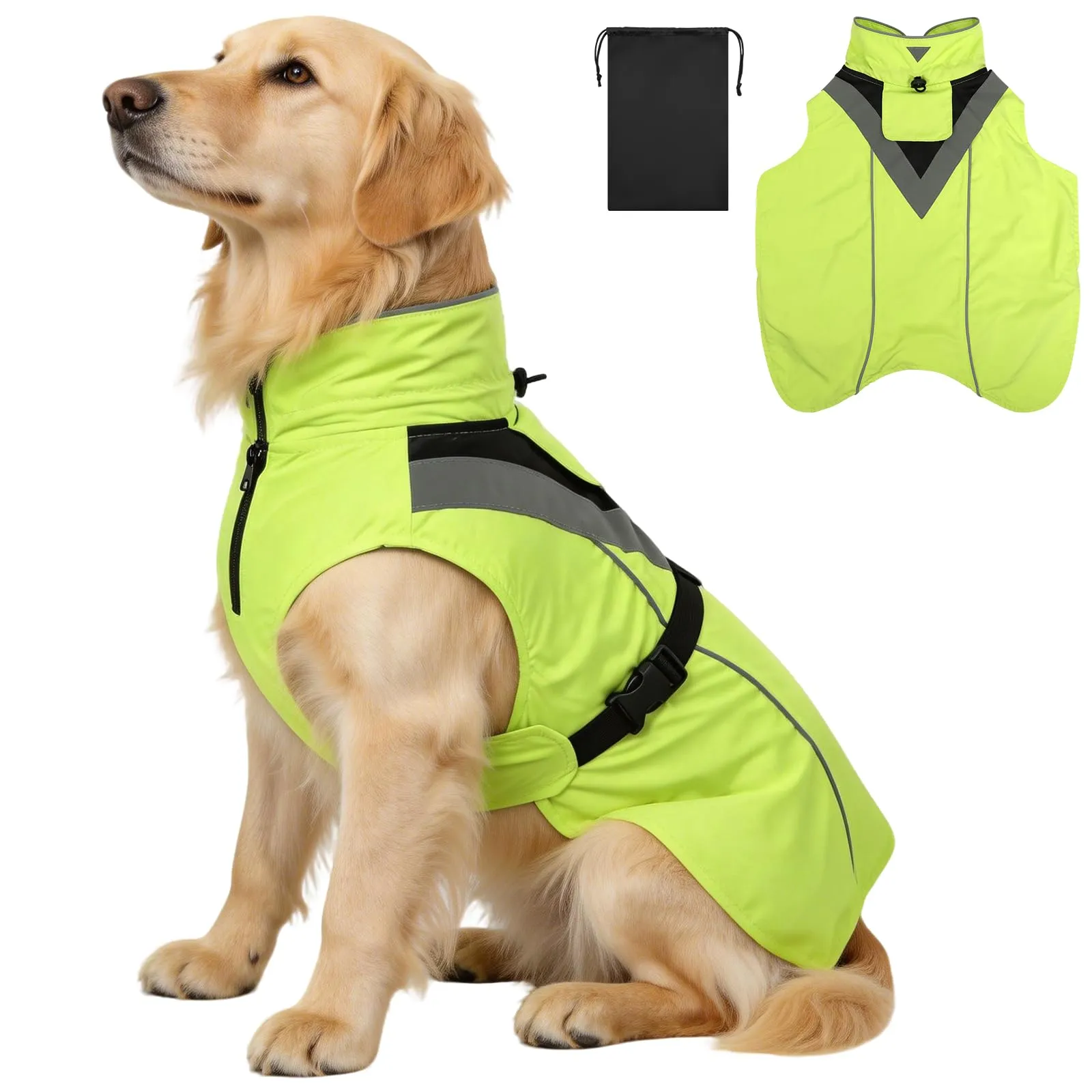 AOOWU Impermeabile Cane con Cappuccio e Riflettenti, Verde, Taglia L - immagine 1