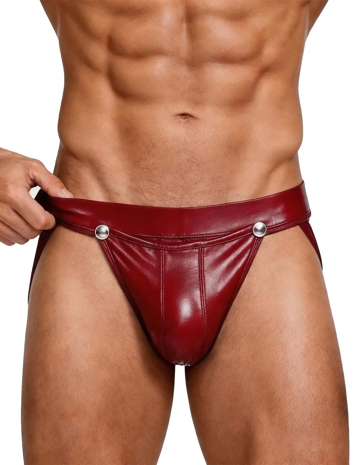 ohyeahlady Jockstrap Uomo Aperto Davanti Pelle PU Slip, Rosso, M - immagine 1