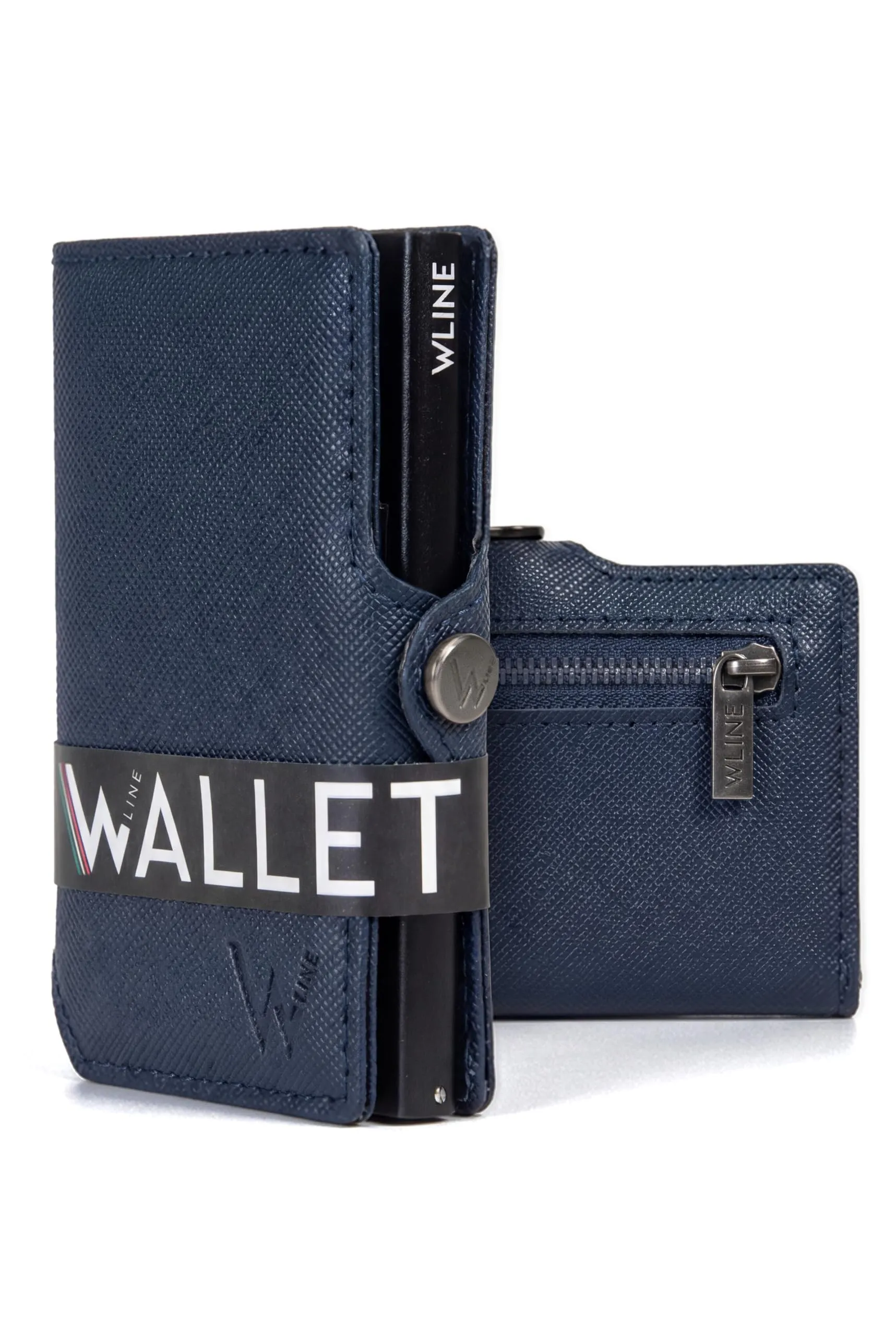 WLine Portafoglio Slim RFID in Pelle PU con Zip - Blu Navy e Nero Saffiano - immagine 1
